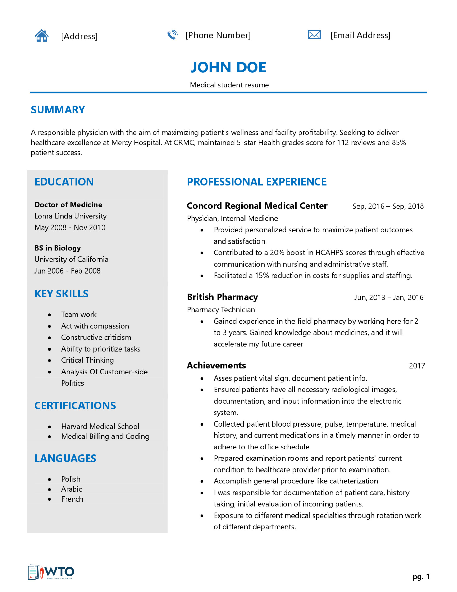Medical Students Resume Template - Ready-to-Use Word Document