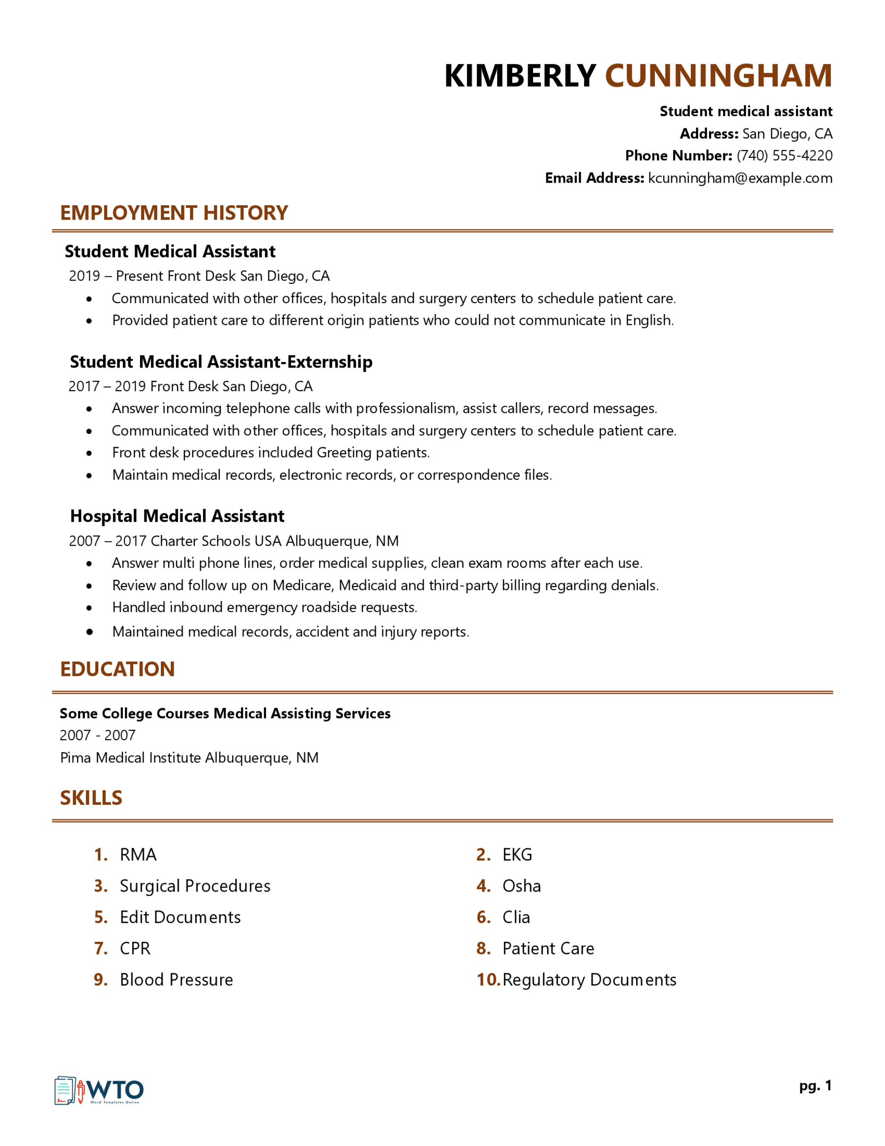 Medical Students Resume Template - Printable Form