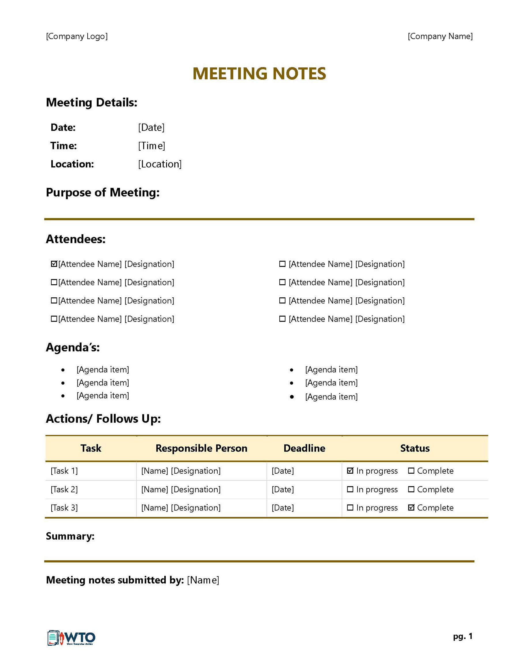 Free Printable Management Meeting Notes Template as Word Format