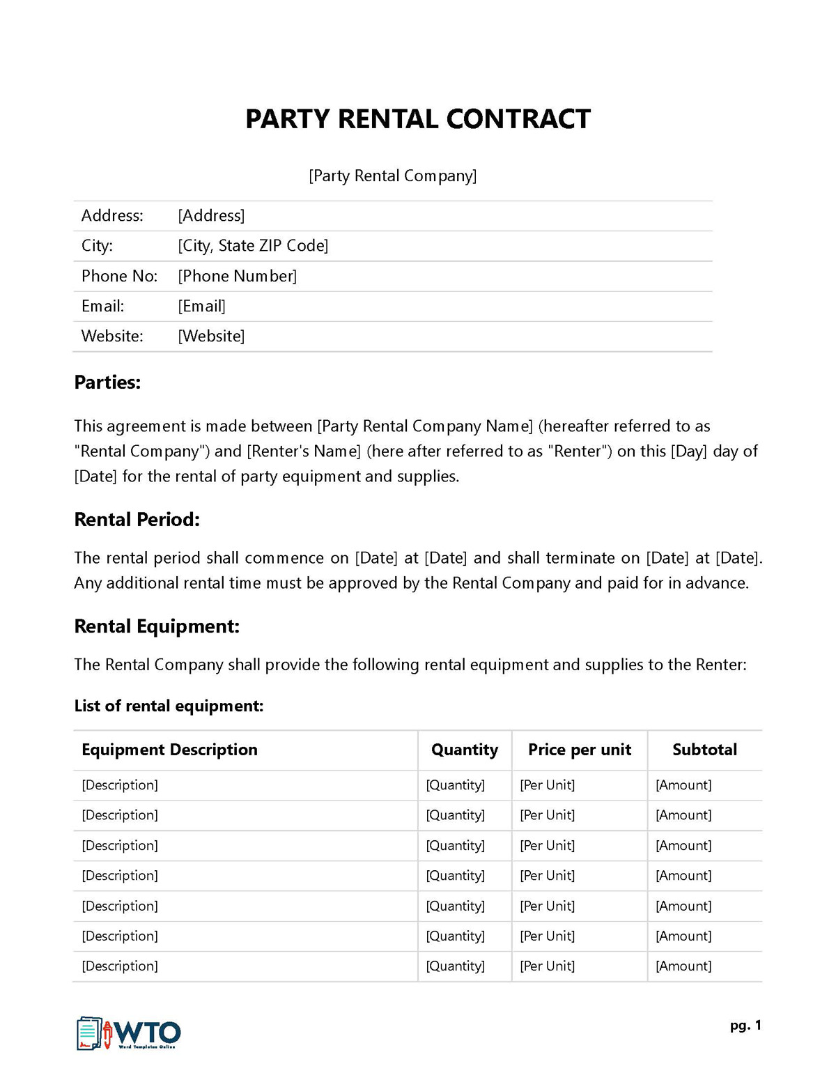 Party Rental Contract Sample in MS Word