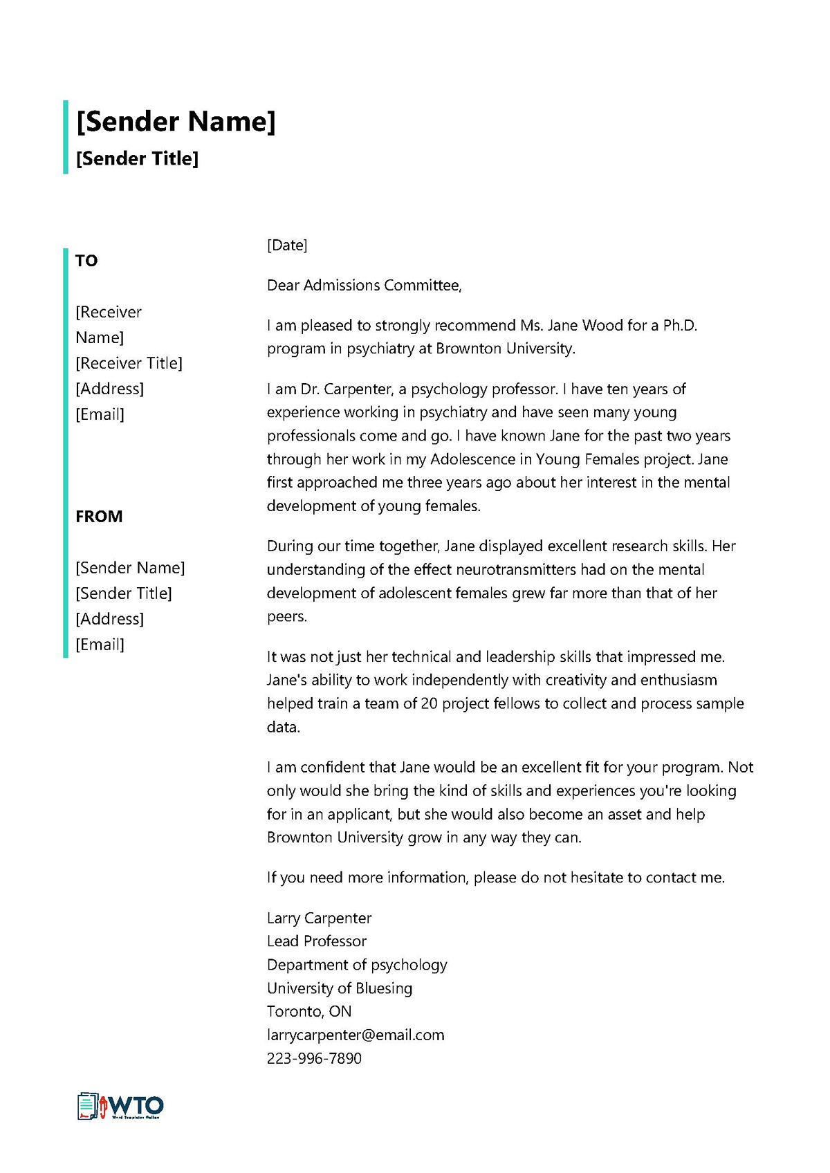Free Project manager Letter of recommendation Example