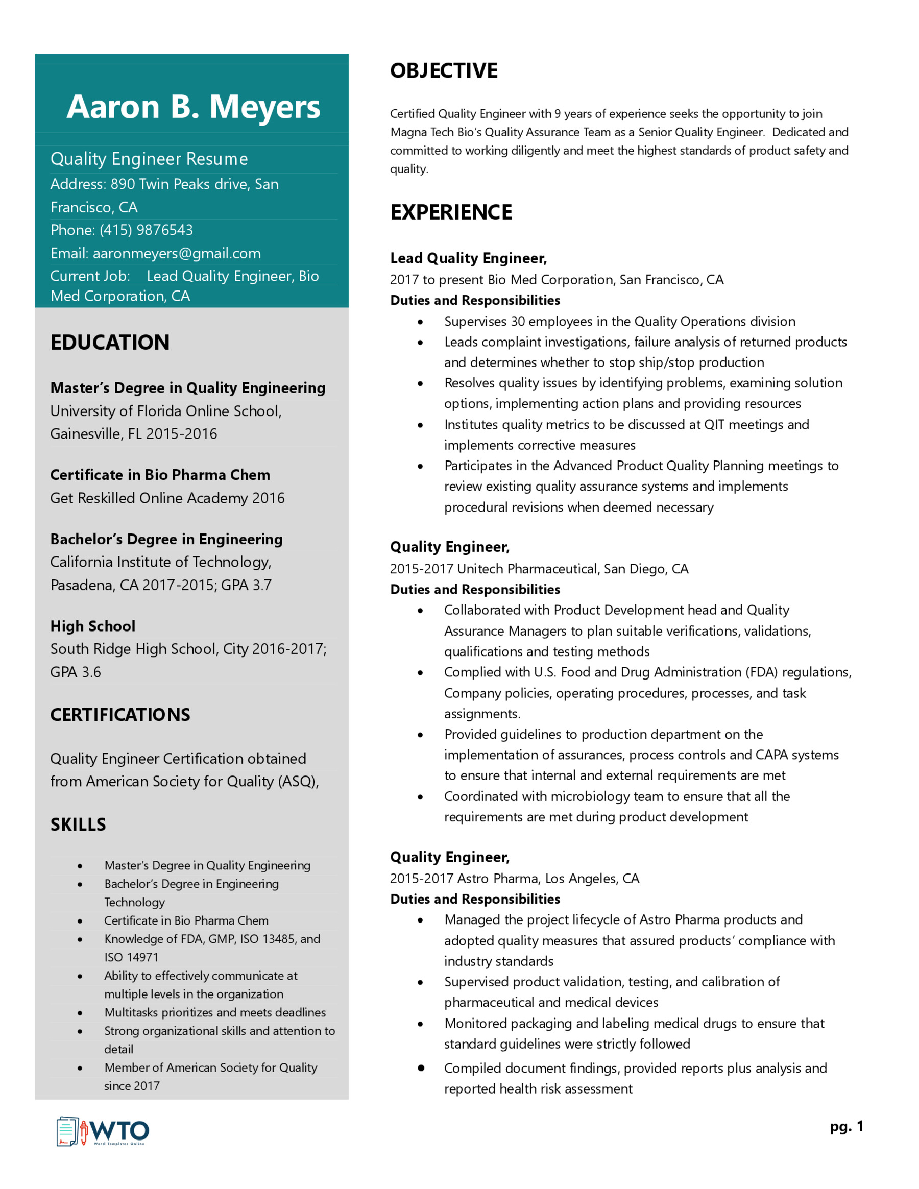 Free Quality Engineer Resume Template - Editable Format