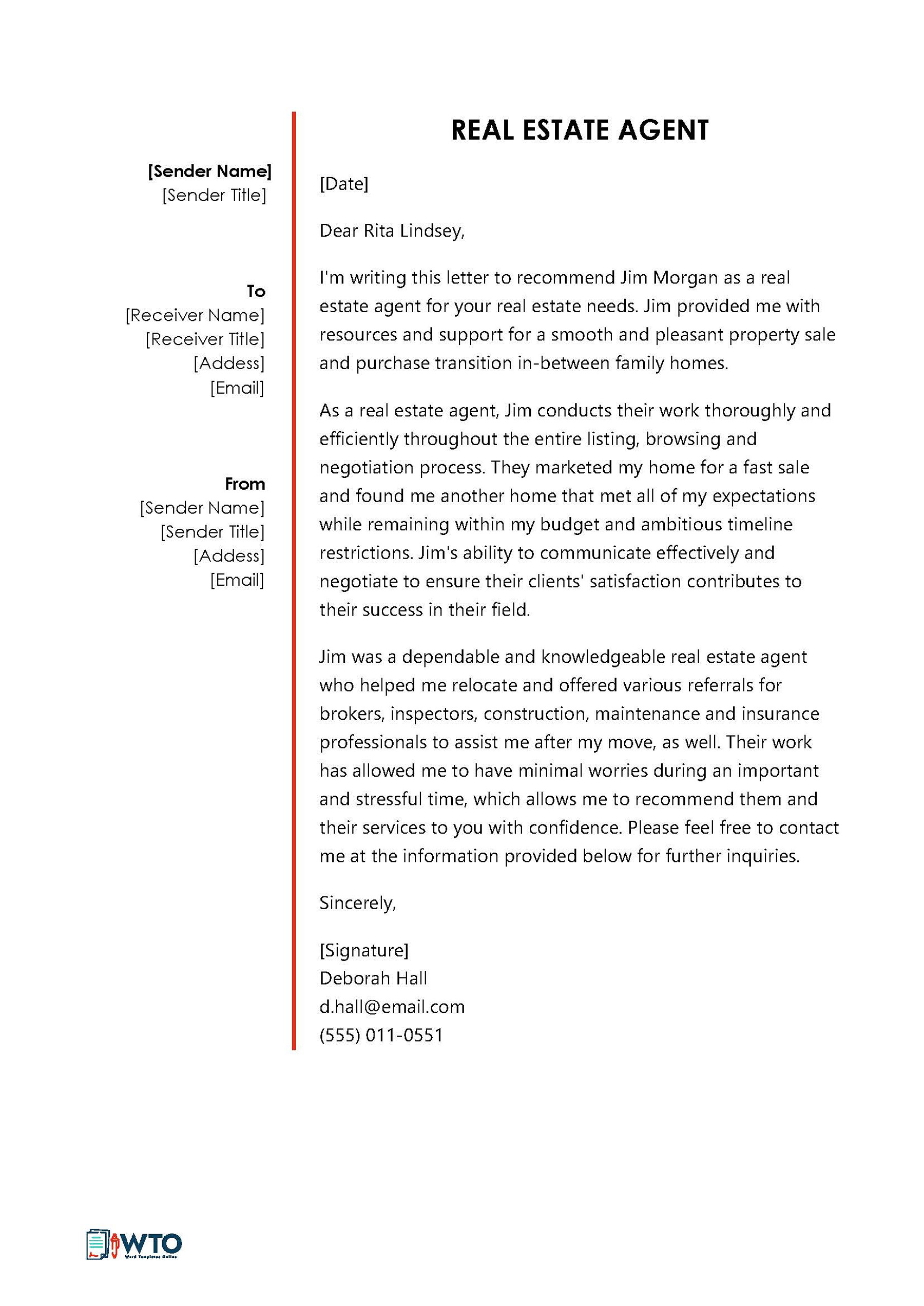 Editable Real estate agent Letter of recommendation Word