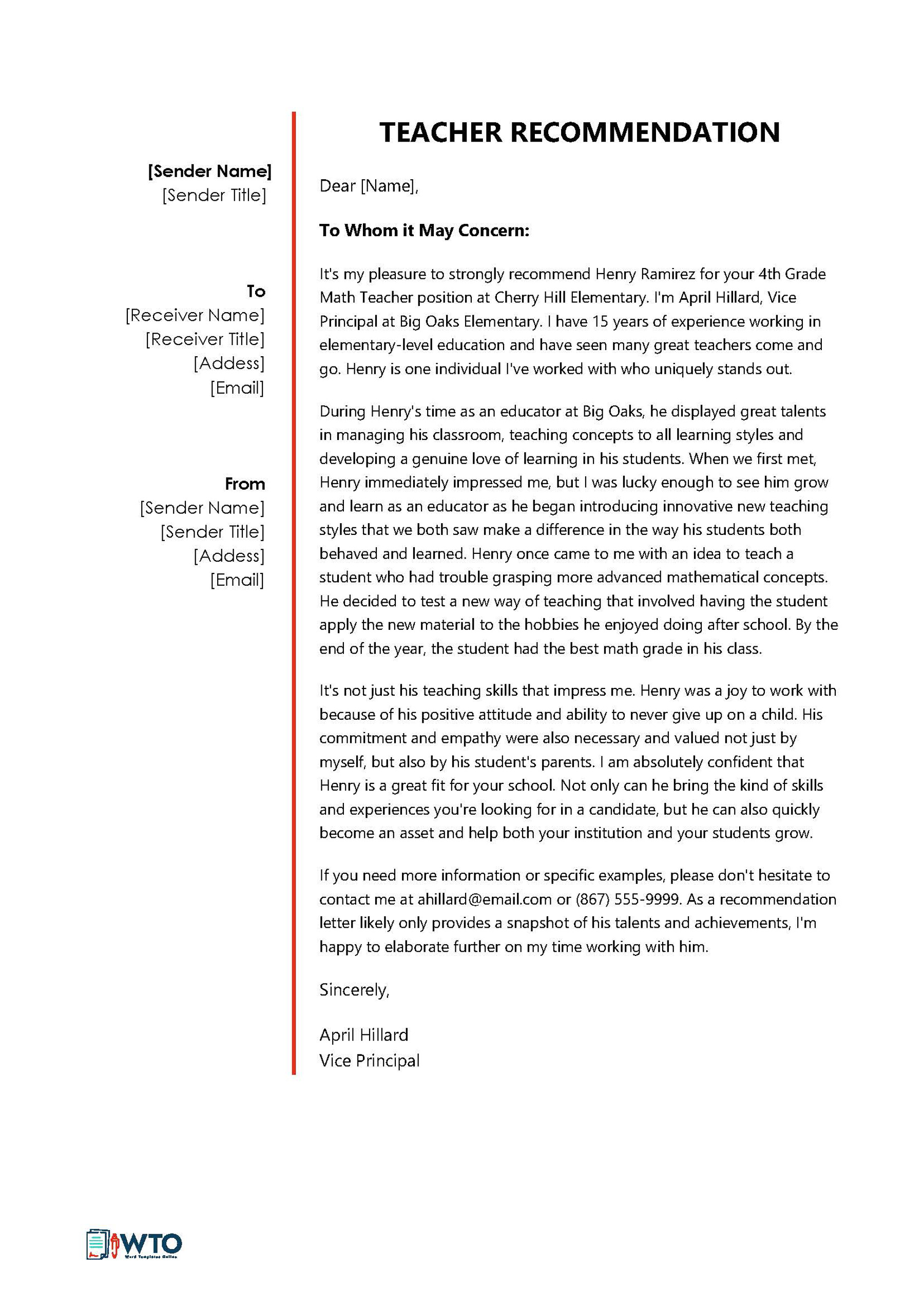 Printable Teacher Letter of recommendation Example