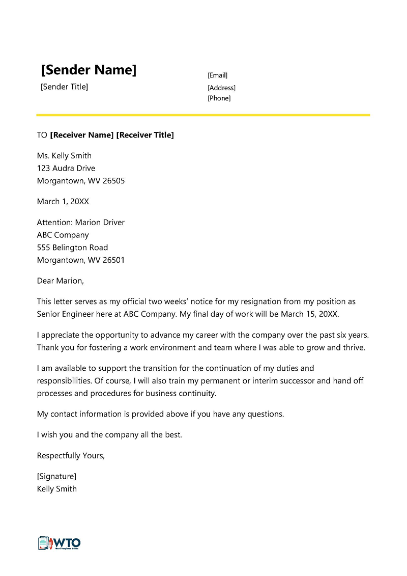 Free two weeks notice letter template in printable format 01