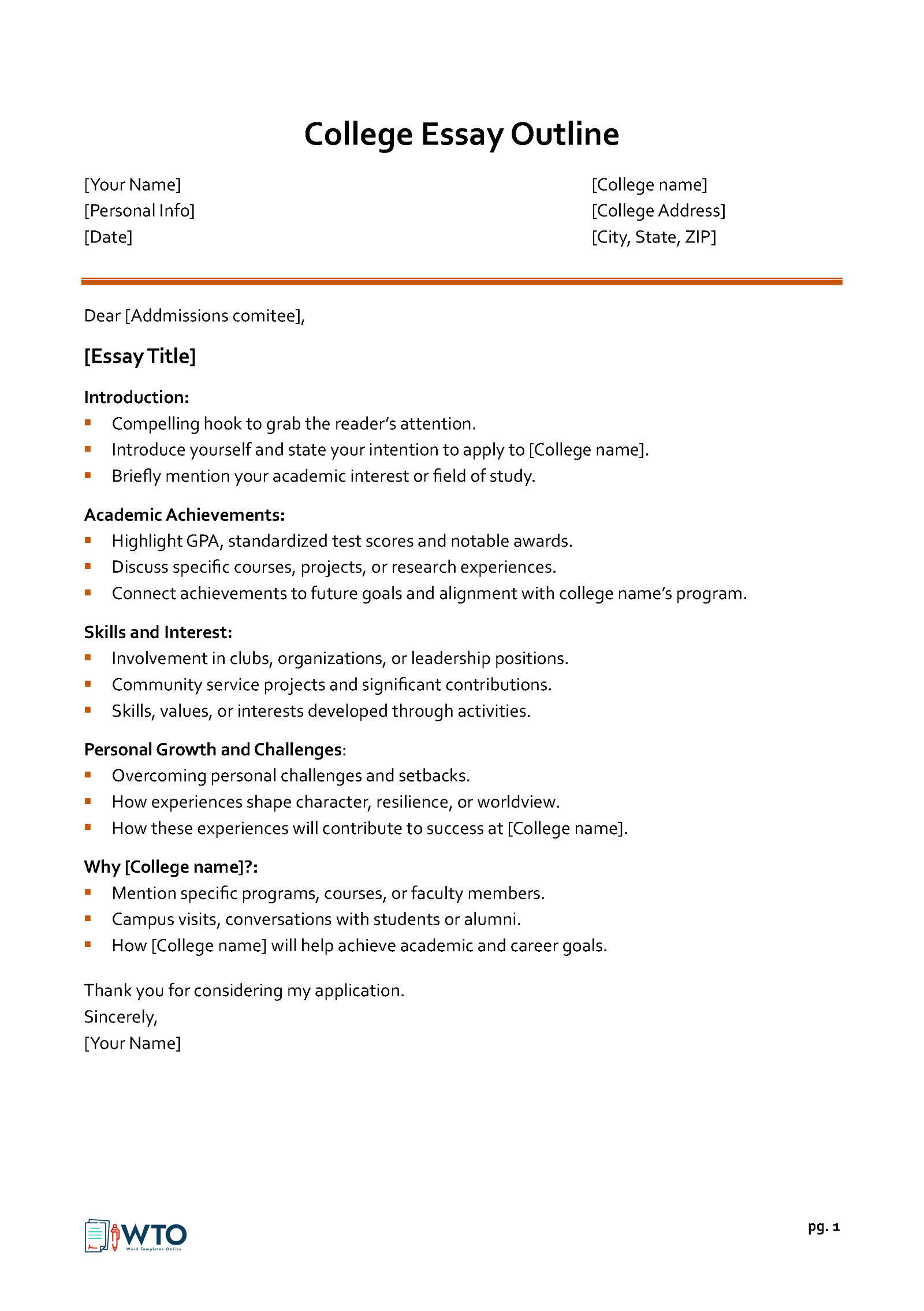 Free Downloadable College Essay Outline Template 02 for Word Document