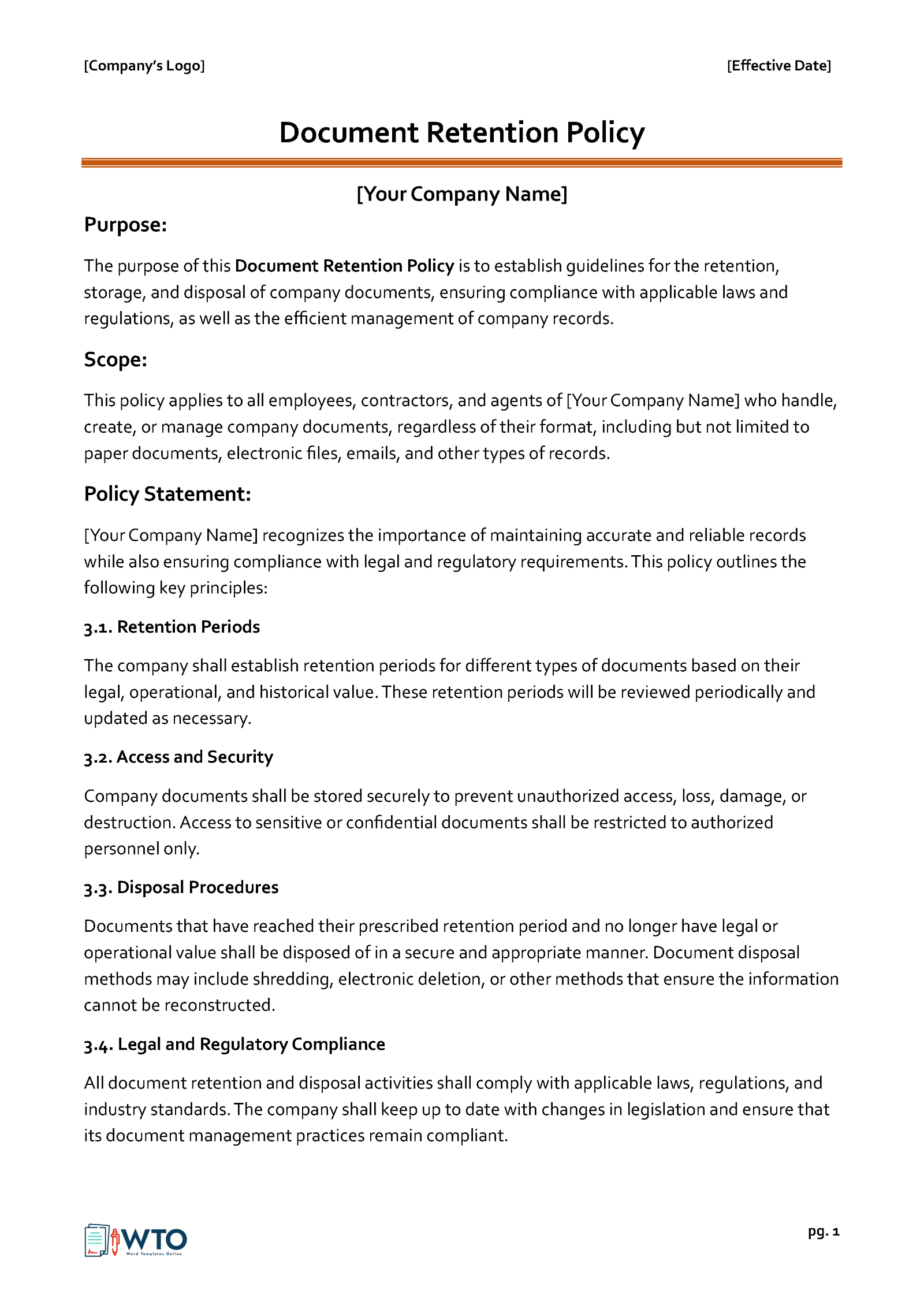 Downloadable Document Retention Policy Template 03 for Word File