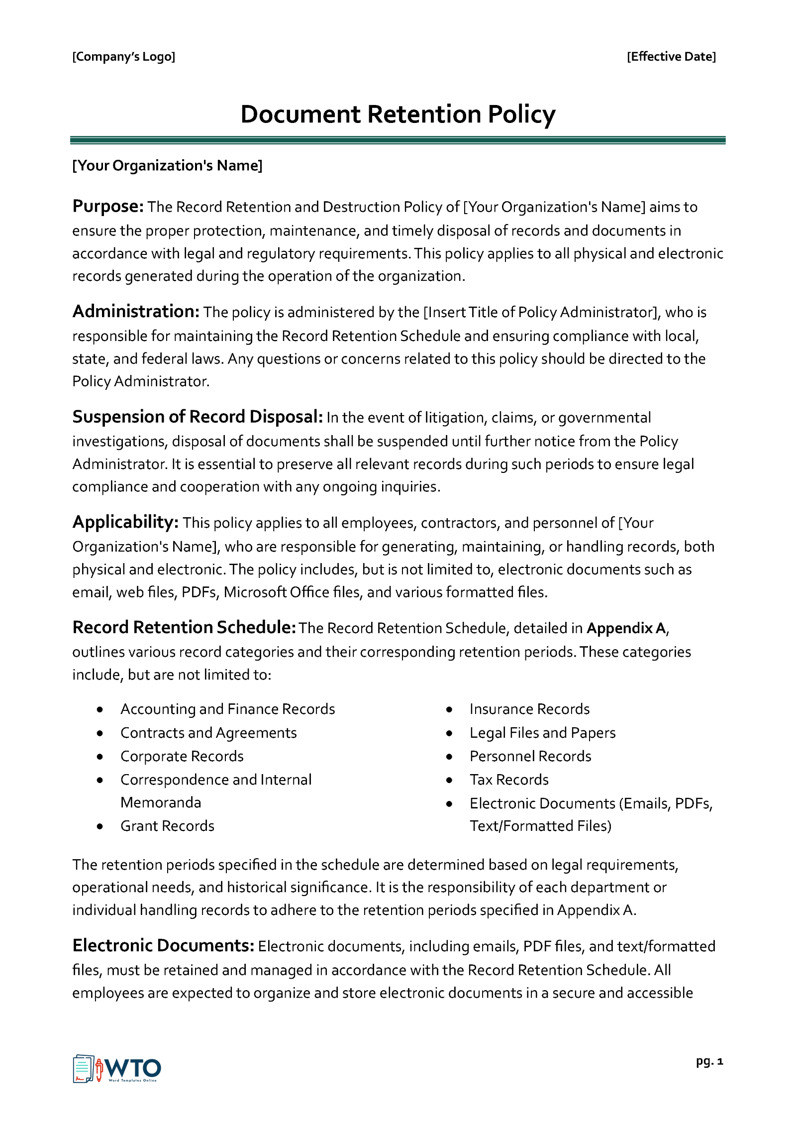 Professional Document Retention Policy Template 10 for Word File