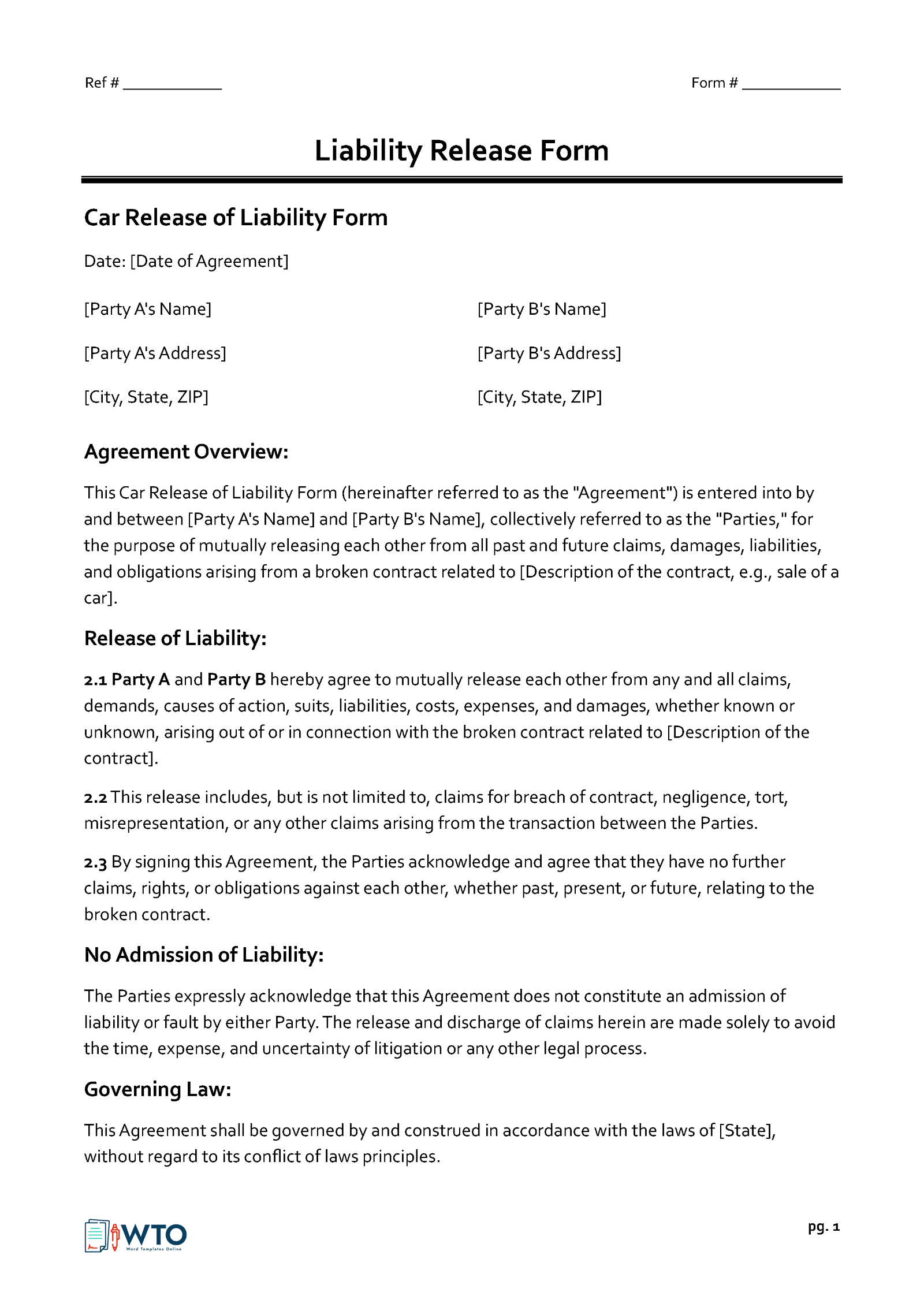 Free Downloadable Car Release of Liability Form for Word Document