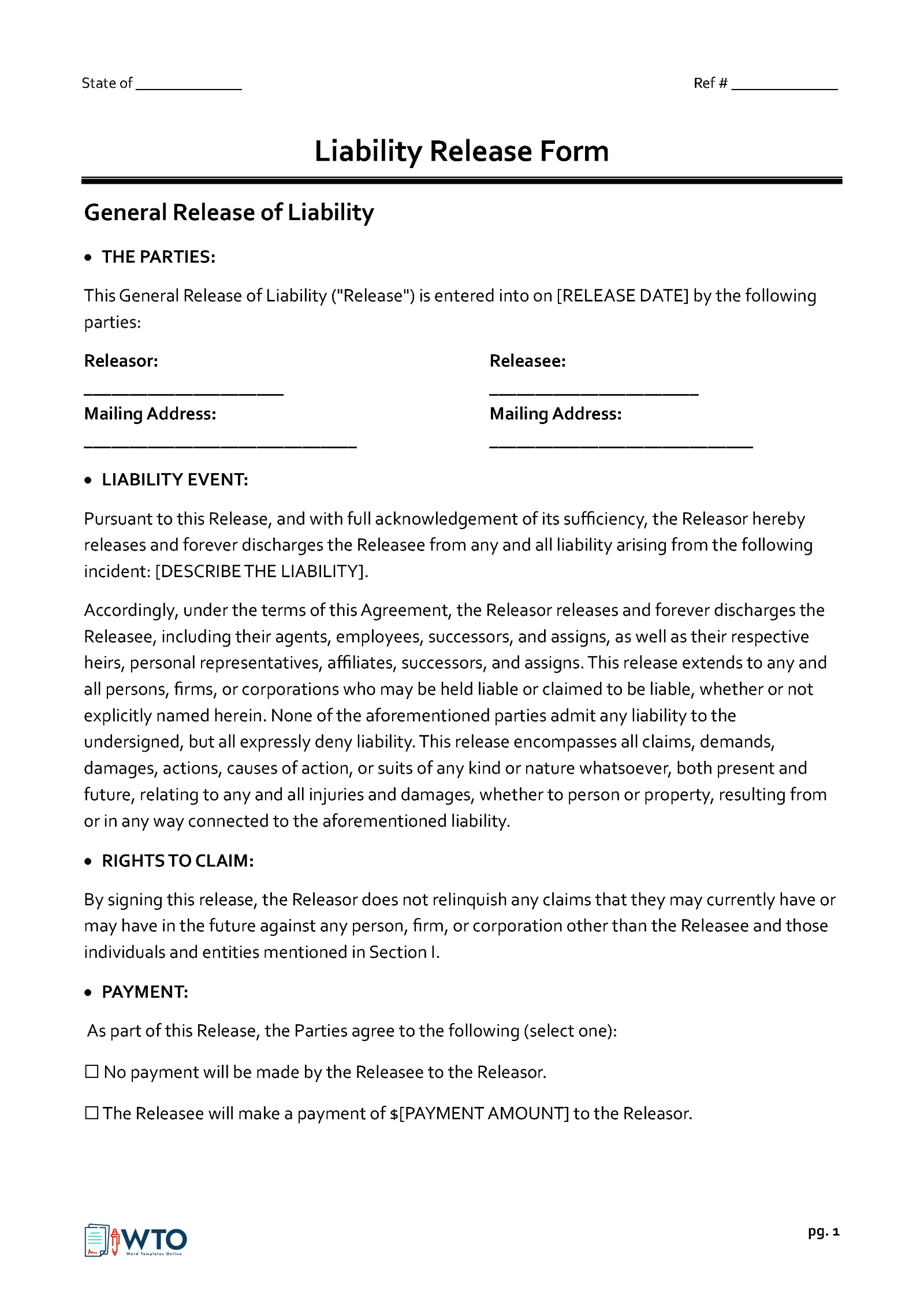Free Downloadable General Release of Liability Form for Word Document
