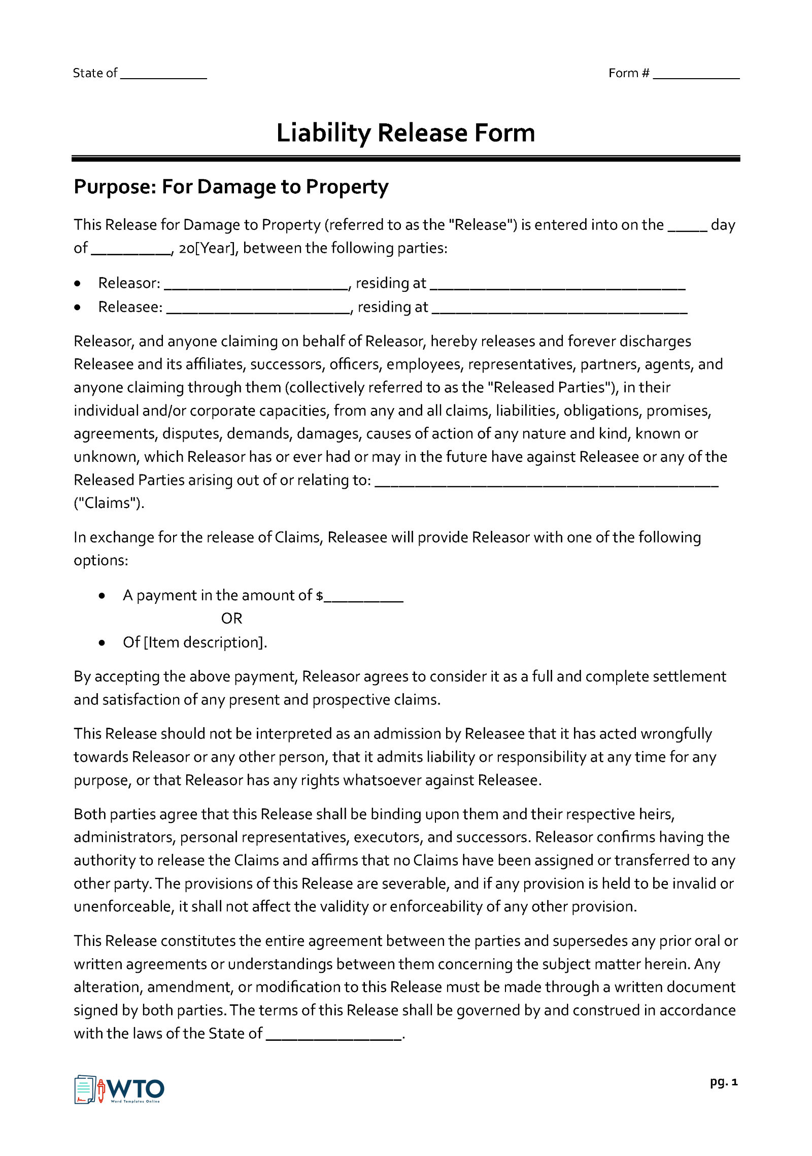 Free Downloadable Damage to Property Release of Liability Form for Word Document