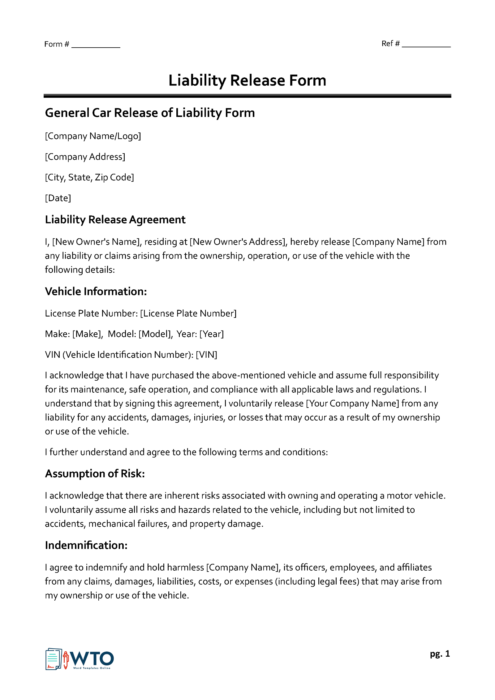 Free Downloadable Vehicle Release of Liability Form for Word Document