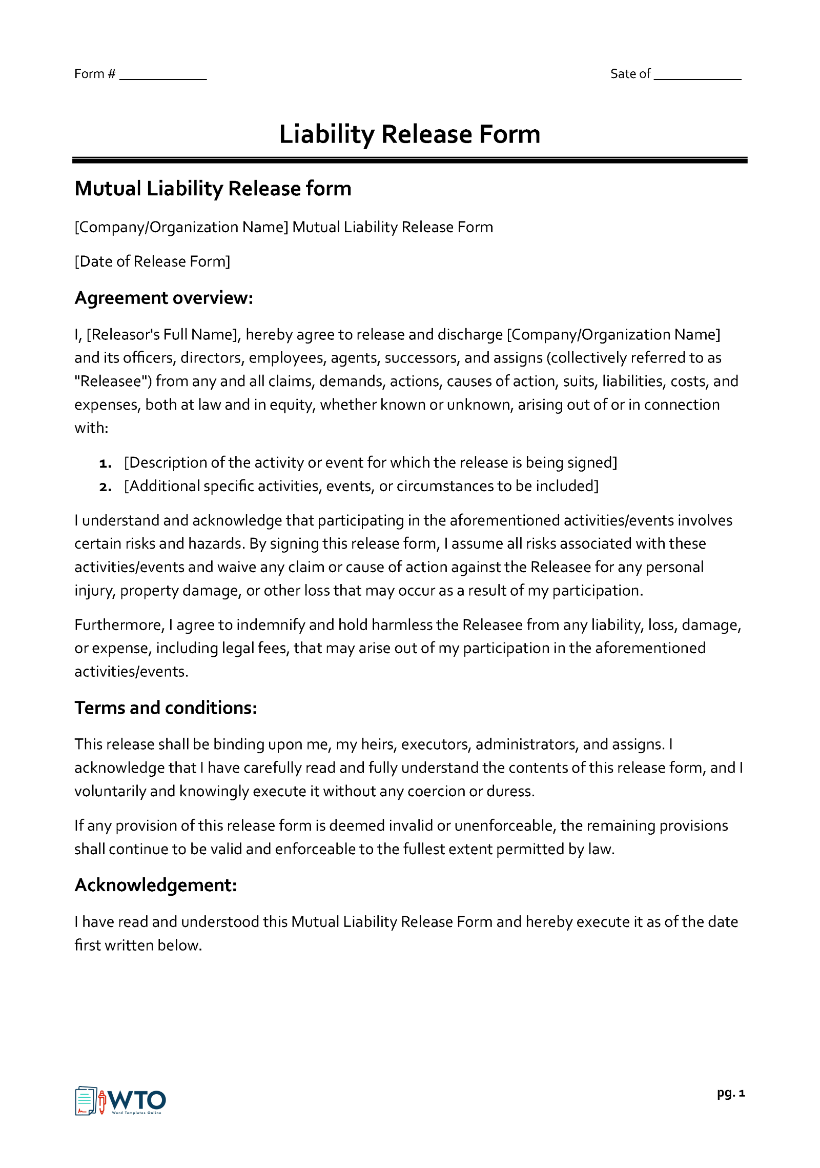 Free Downloadable Mutual Release of Liability Form for Word Document