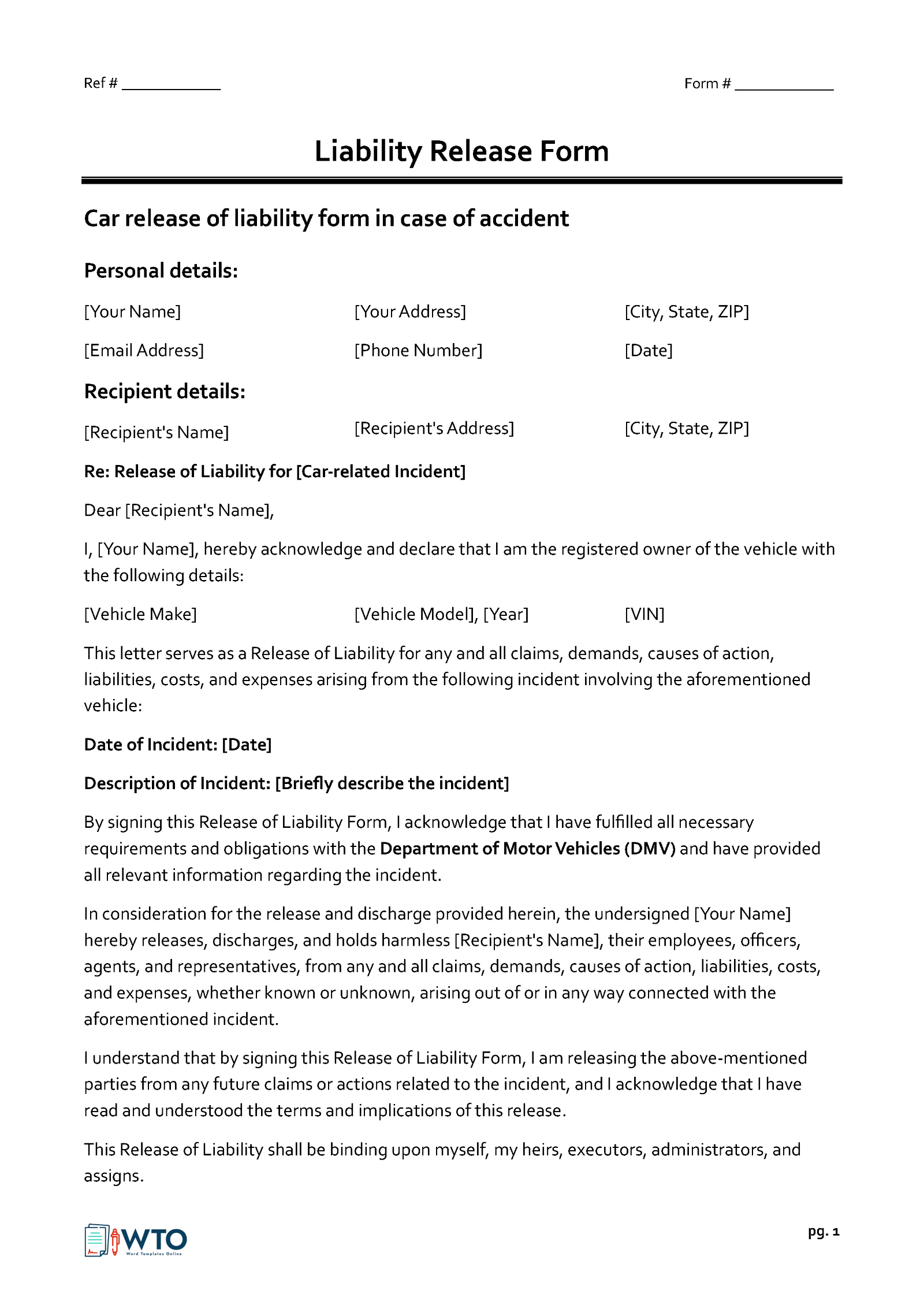 Free Downloadable Car Accident Release of Liability Form for Word Document