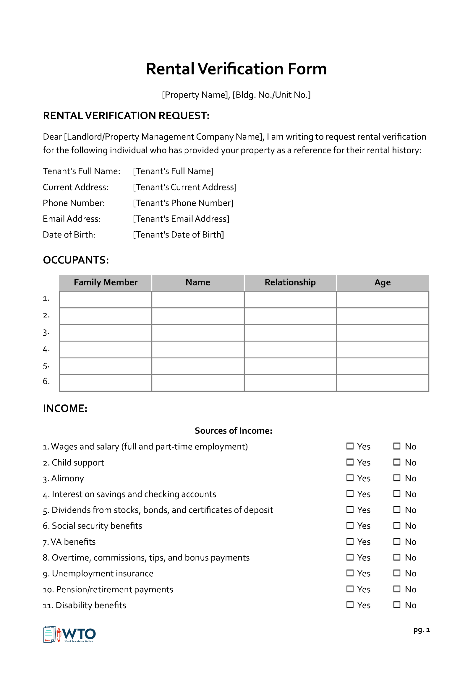 Rent Verification Form Template - Editable Format