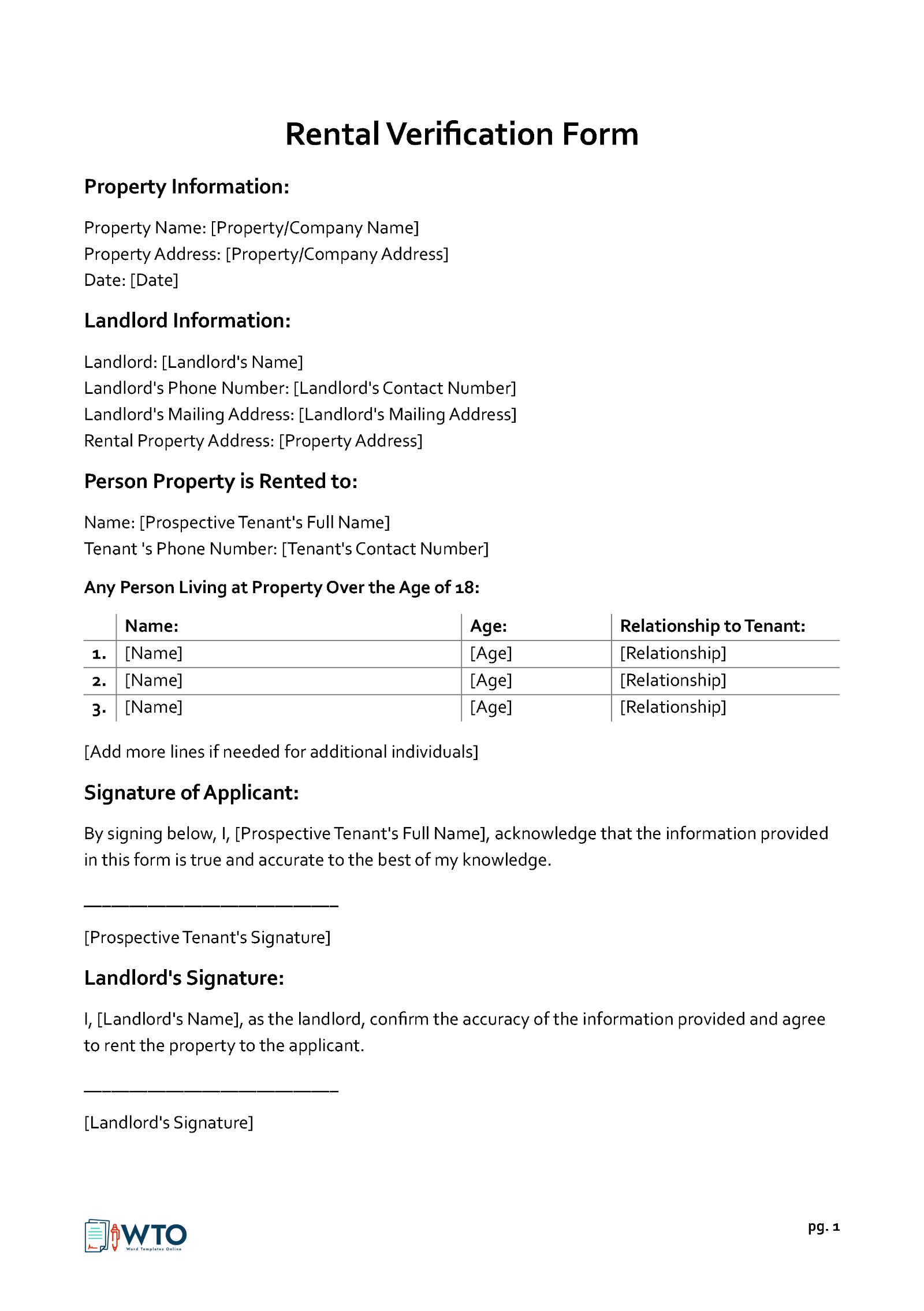 Rent Verification Form Template for Download