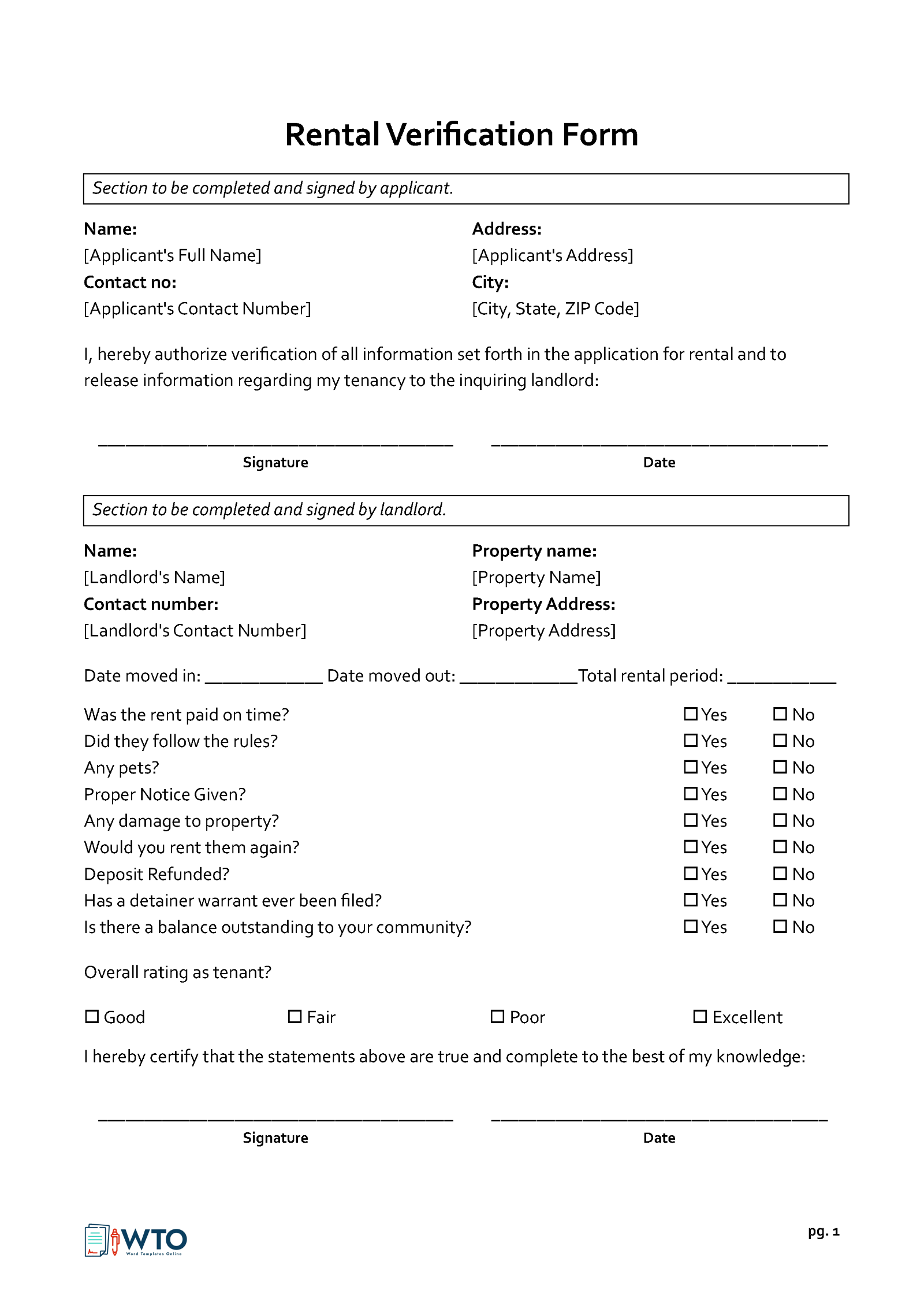 Editable Rent Verification Form for Renters