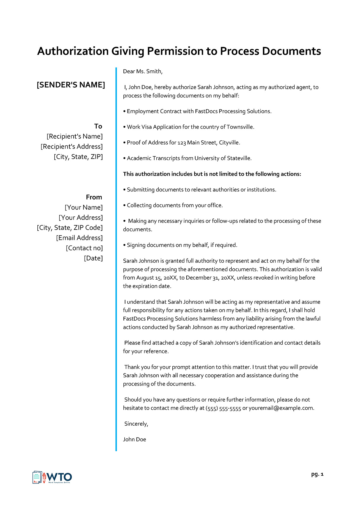 Document Processing Authorization Letter in ms word