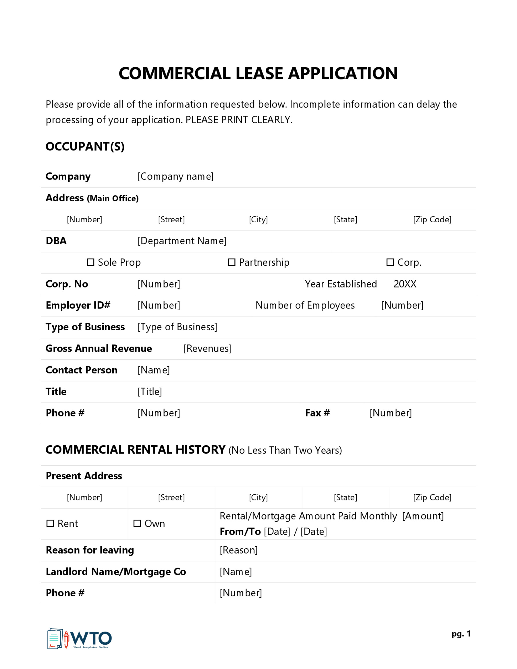 Free Commercial Lease Application Template - Editable Format