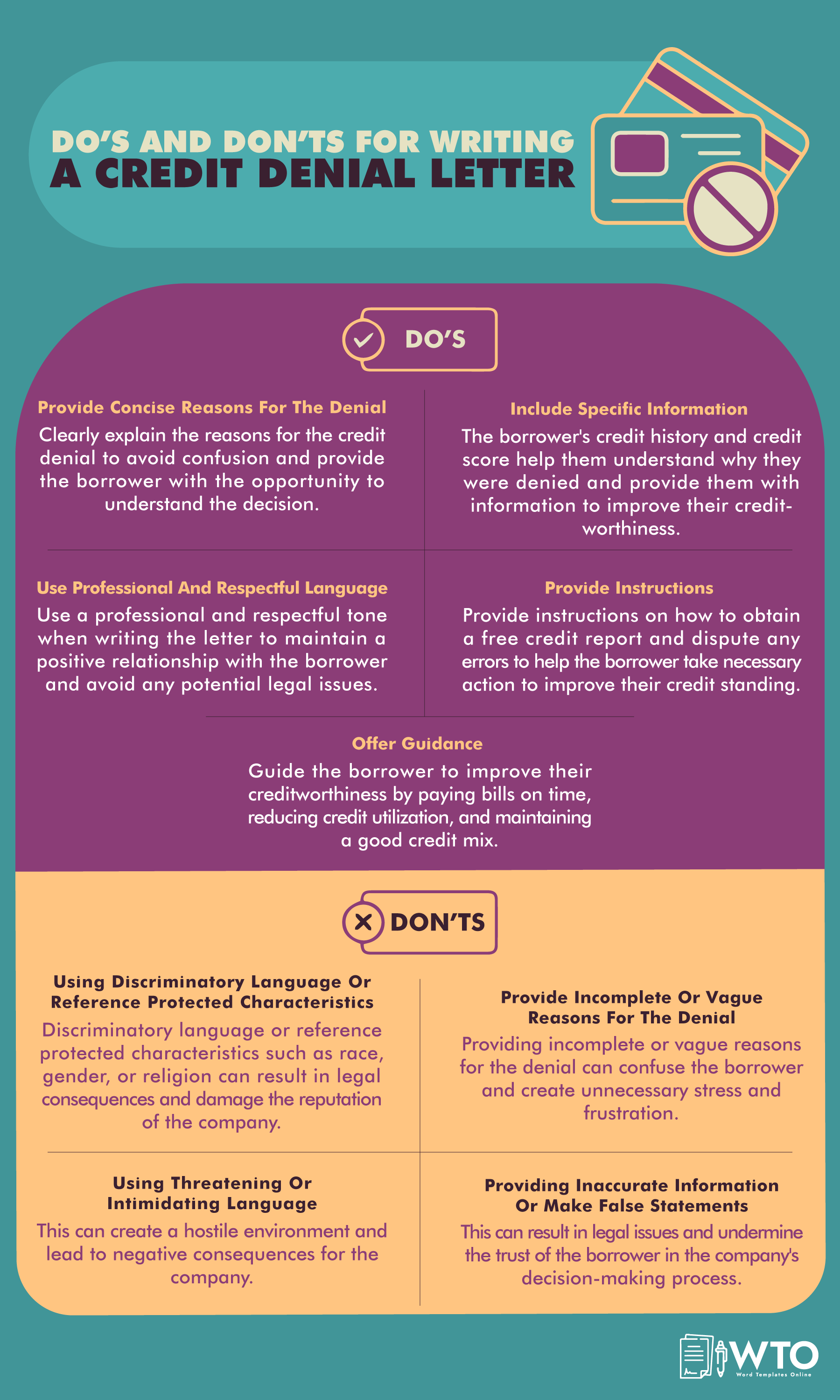 This infographic is about do's and don'ts for writing credit denial letter.