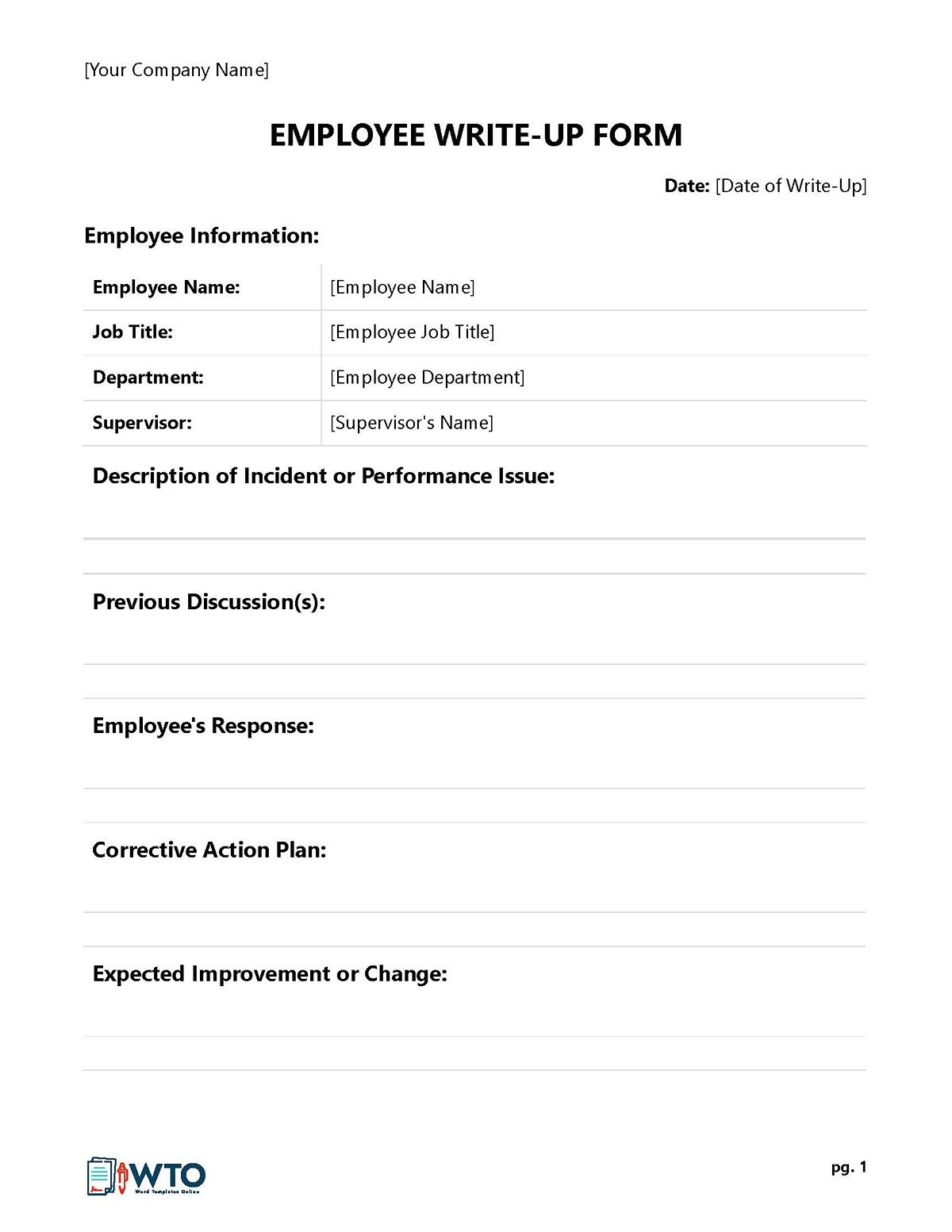 Free Employee Write Up Form Template - Editable Format