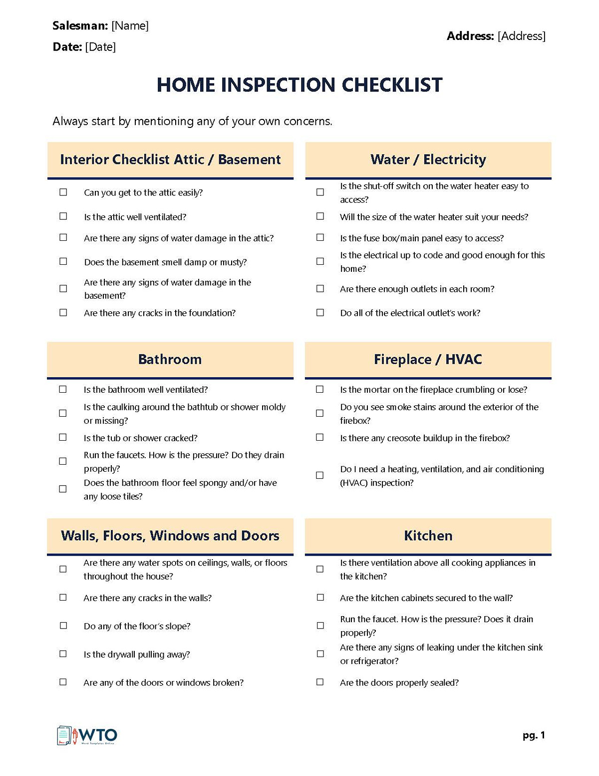Free Downloadable Home Inspection Checklist Template 01 as Word Format