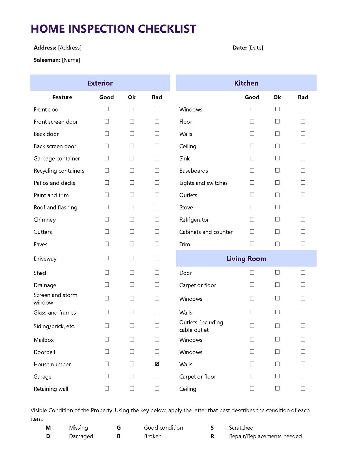 Free Downloadable Home Inspection Checklist Template 02 as Word Format