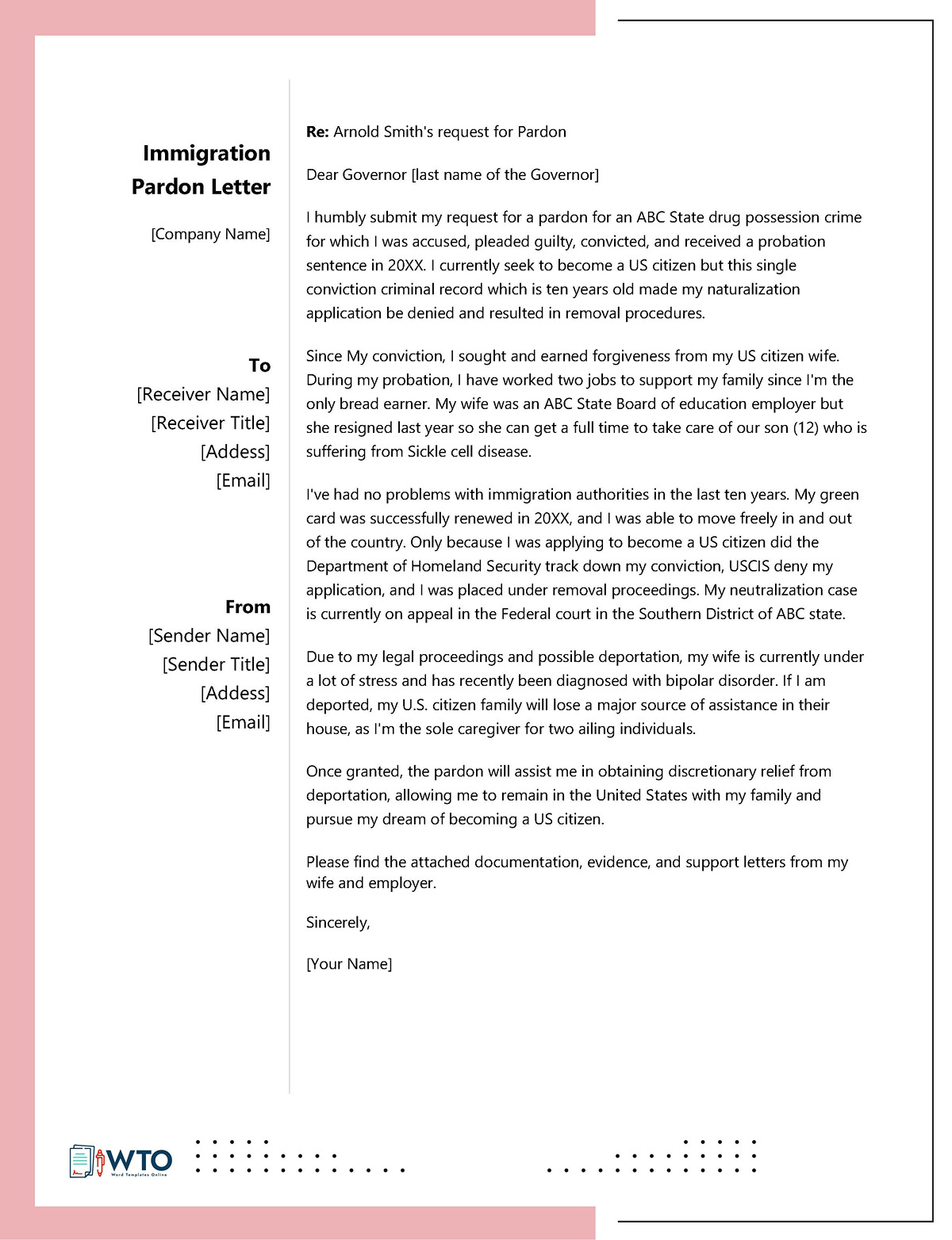 Immigration Pardon Letter Example - Sample Document
