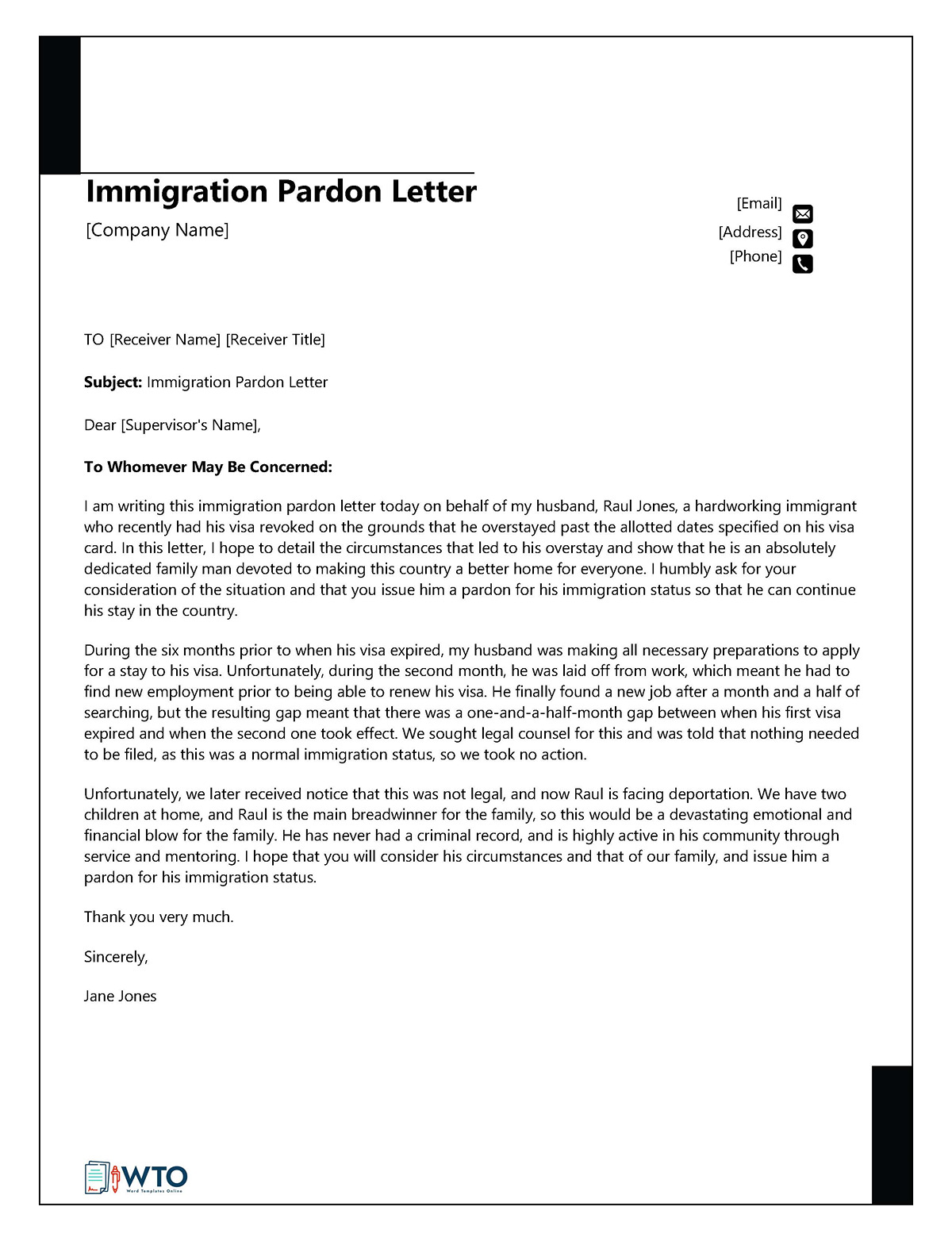 Downloadable Immigration Pardon Letter Template - Word Format