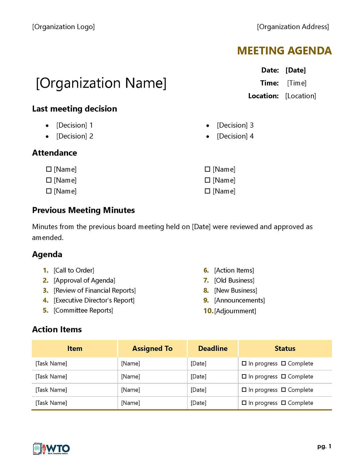 Downloadable Meeting Agenda Template - Word Format