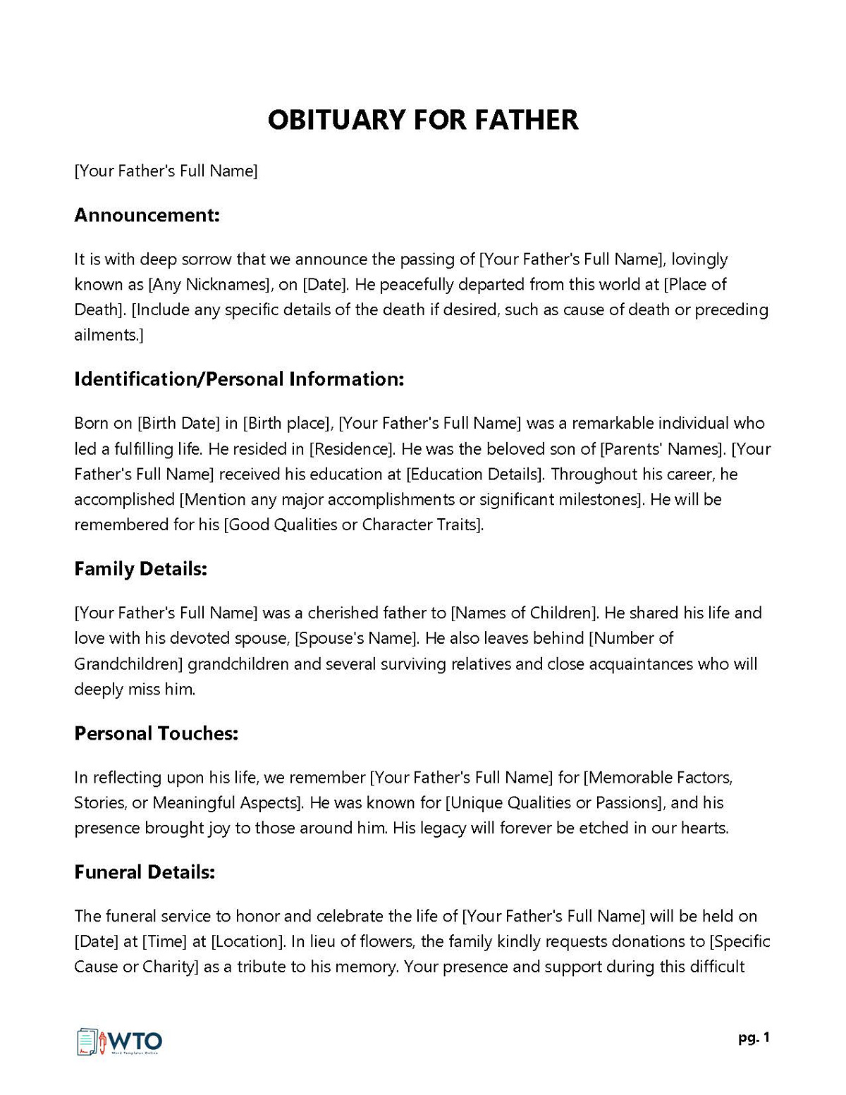 Free Obituary for Father Template - Editable Format