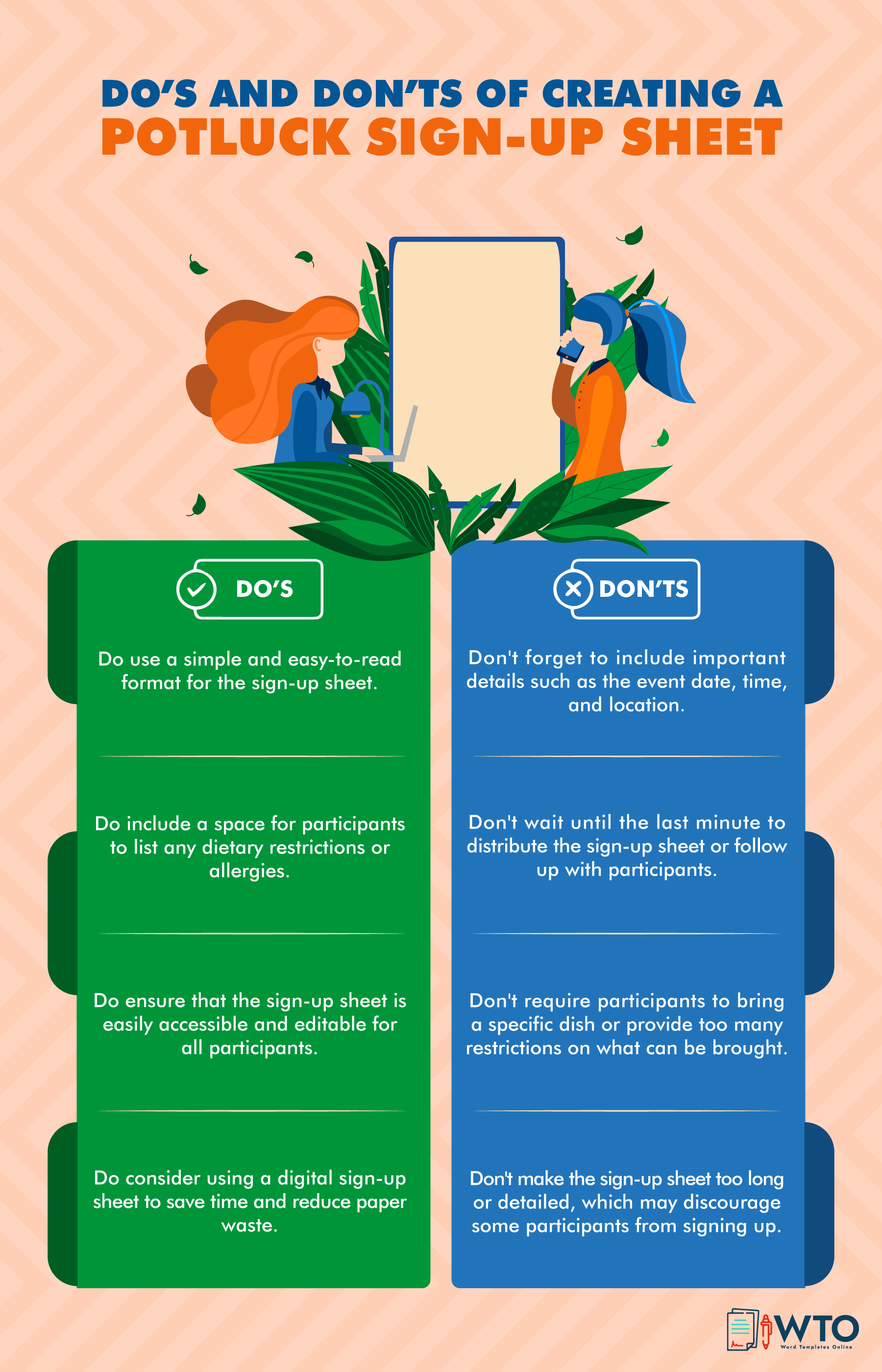 This infographic is about do's & don'ts of creating potluck sign-up sheet.