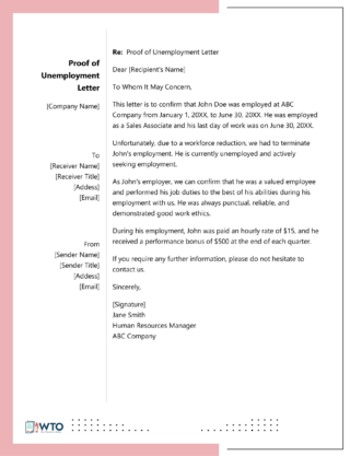 Proof Of Unemployment (Jobless) Letter Samples
