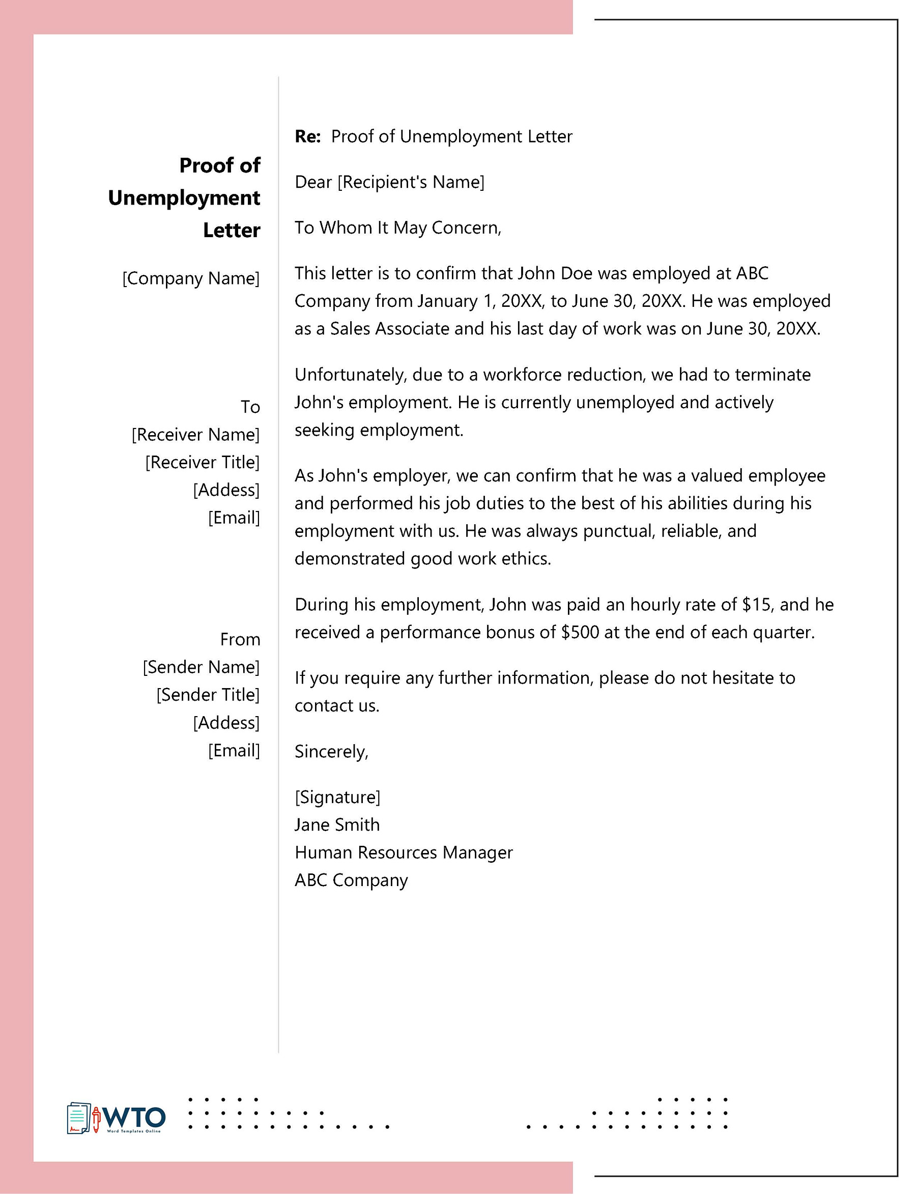 Proof of Unemployment Letter Example - Sample Document