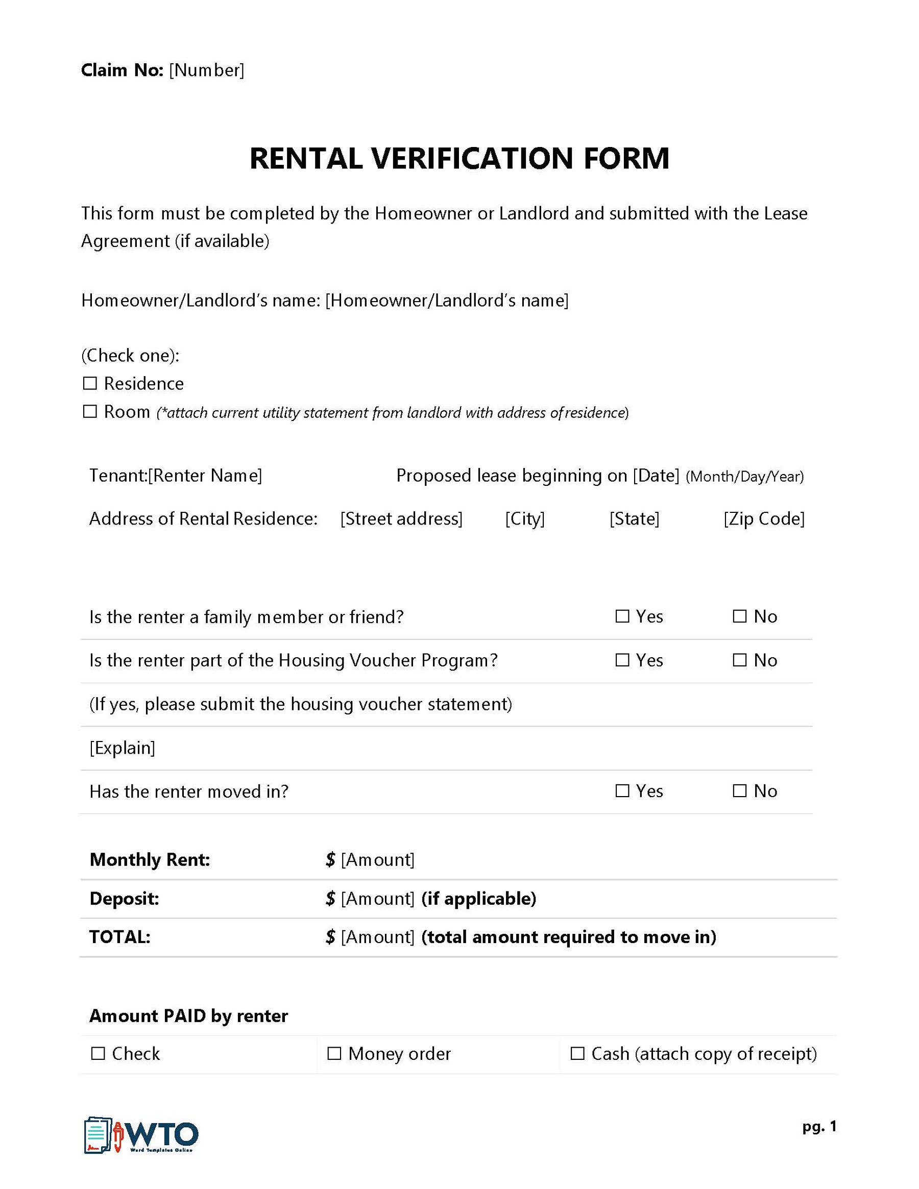 Great Downloadable Rental Verification Form by Homeowner as Word Format