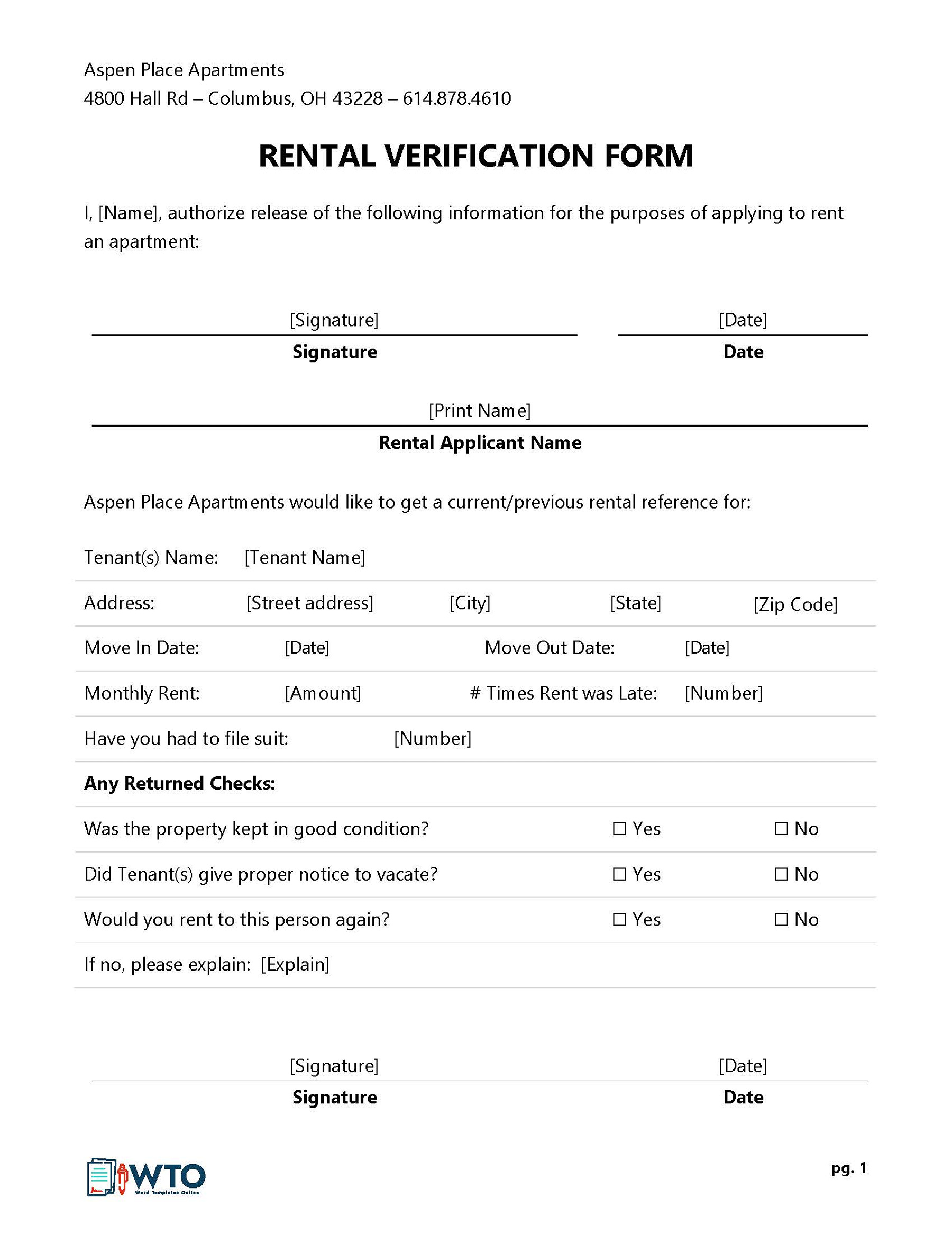 Great Downloadable Rental Verification Form to Rent Apartment 01 as Word Format