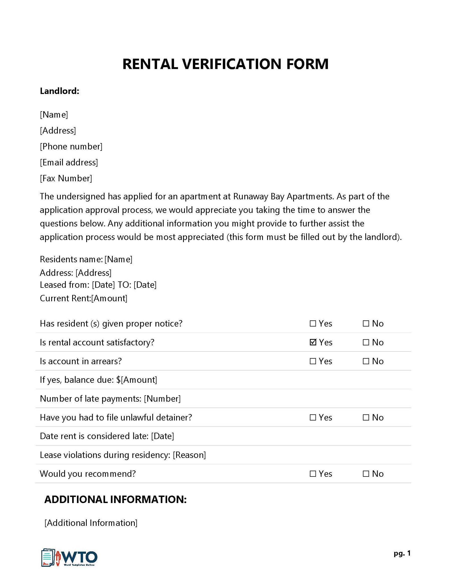 Great Downloadable Rental Verification Form to Rent Apartment 02 as Word Format