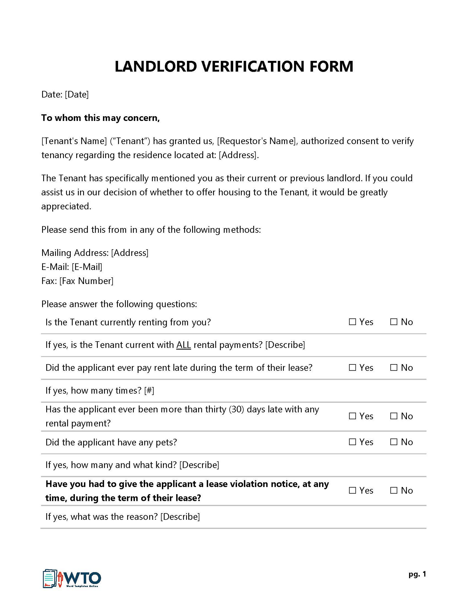 Rental Verification Form - Document Request Sample