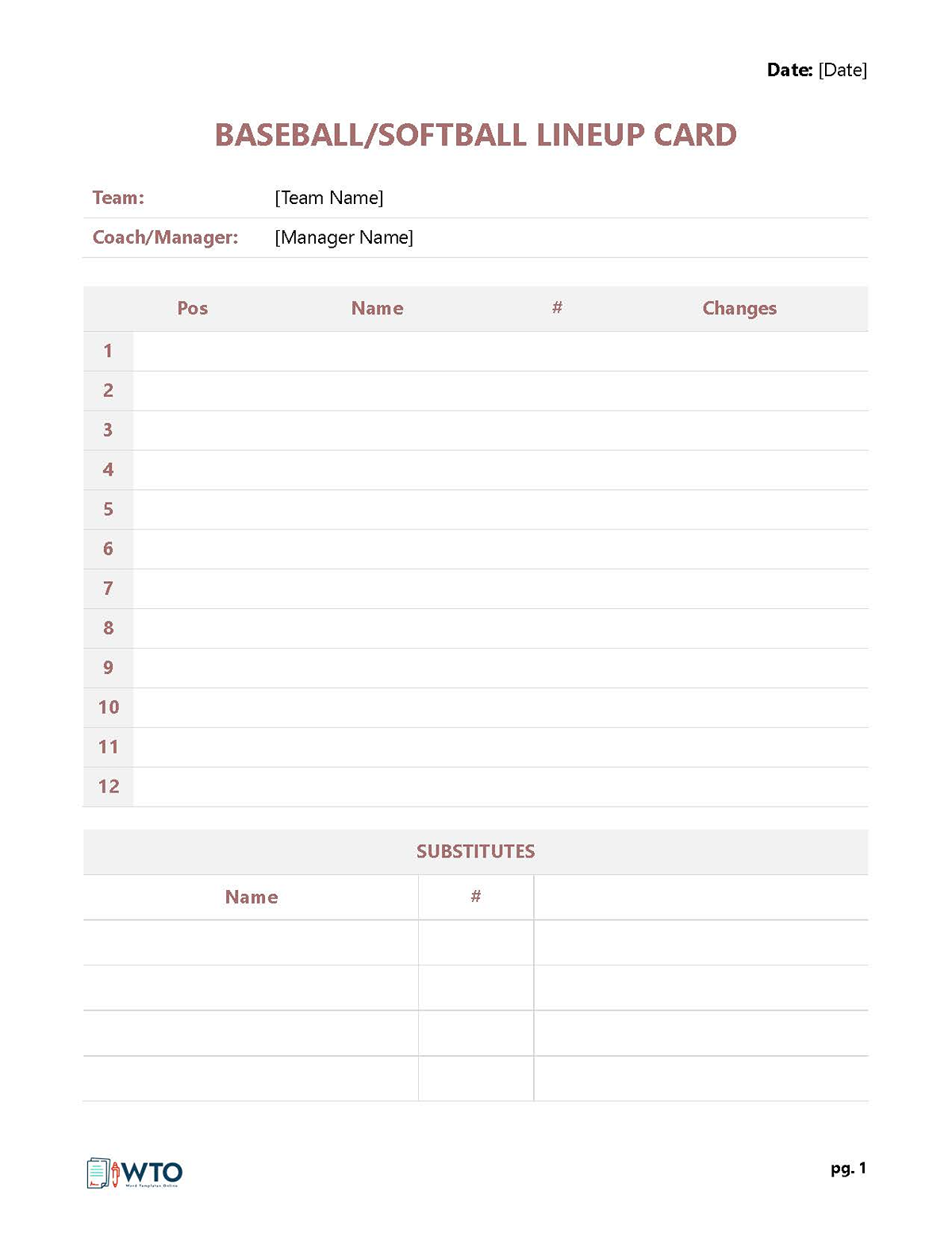 Free Printable Baseball Lineup Card Template 01 as Word Format