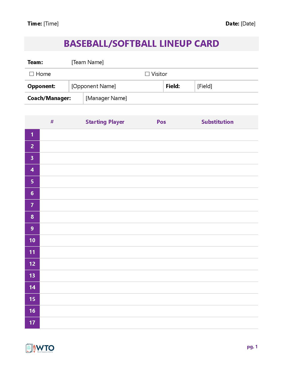 Free Printable Baseball Lineup Card Template 02 as Word Format