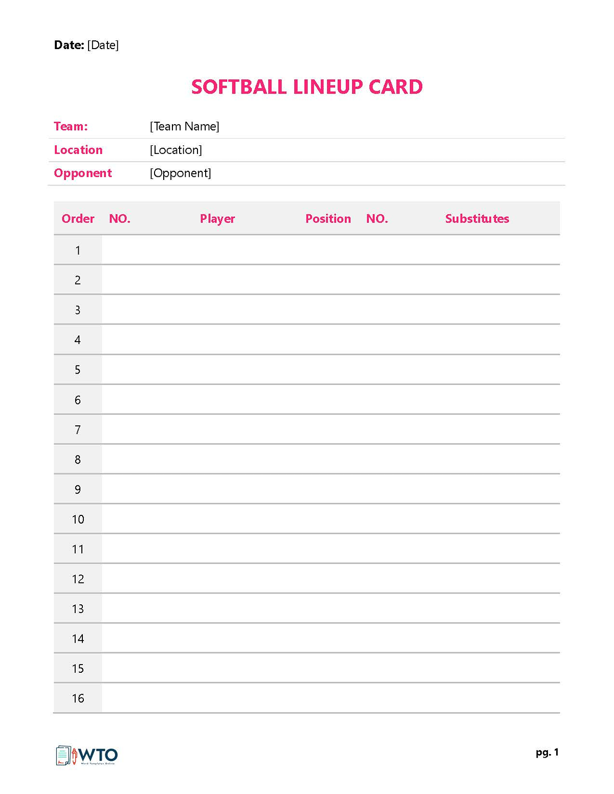 Great Downloadable General Softball Lineup Card Template 02 as Word Format