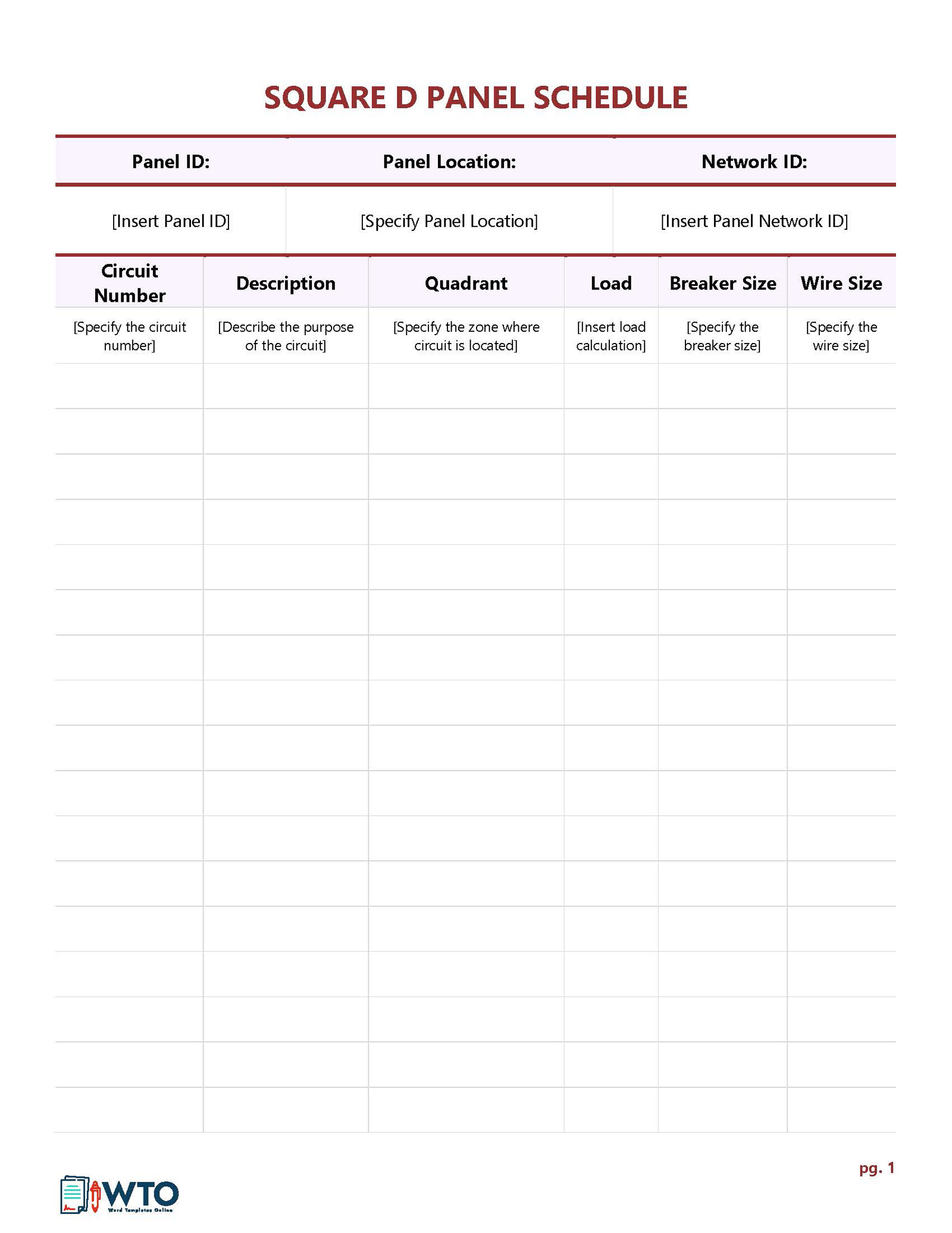 Free Panel Schedule (Square D) Template 01 in Word