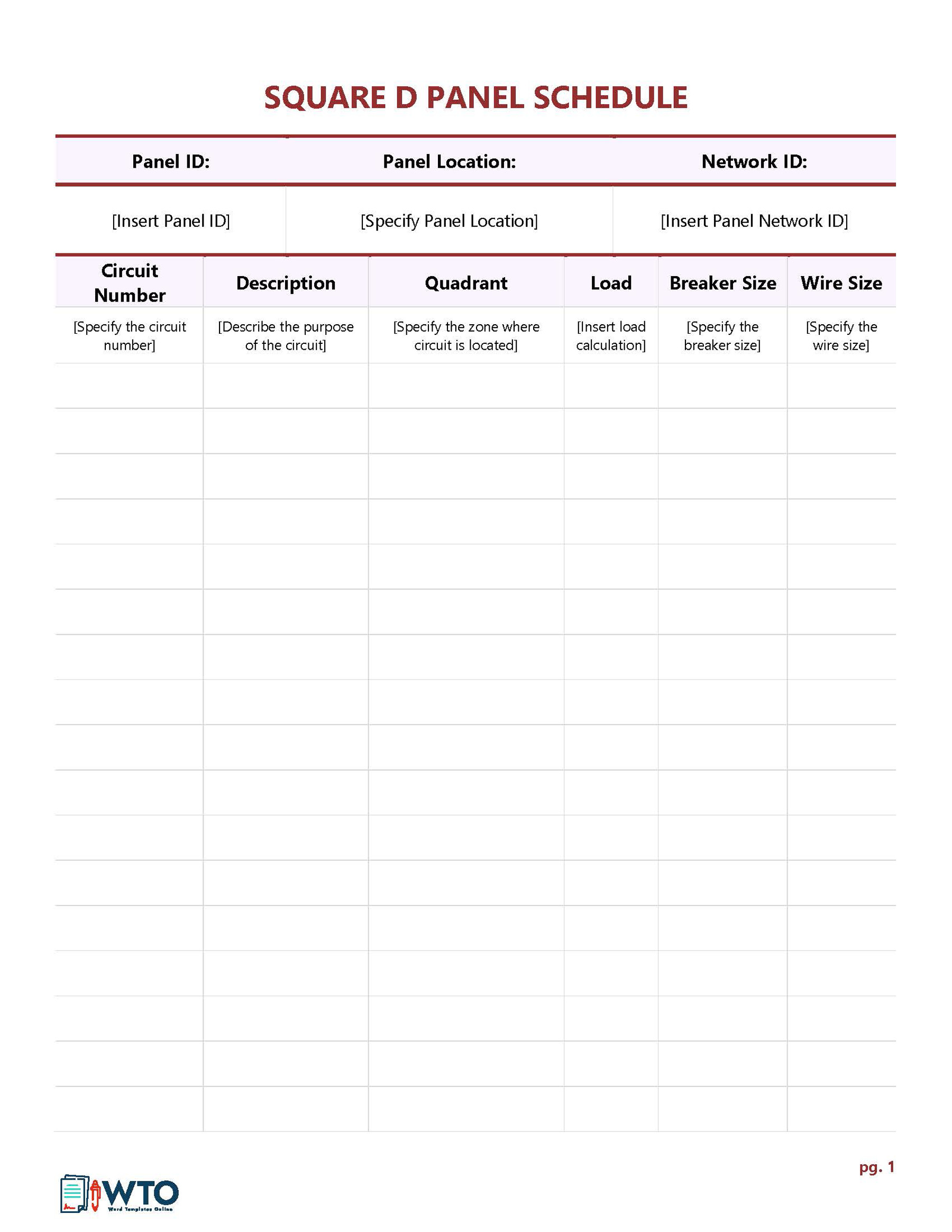 Free Panel Schedule Templates (Square D) Word & Excel