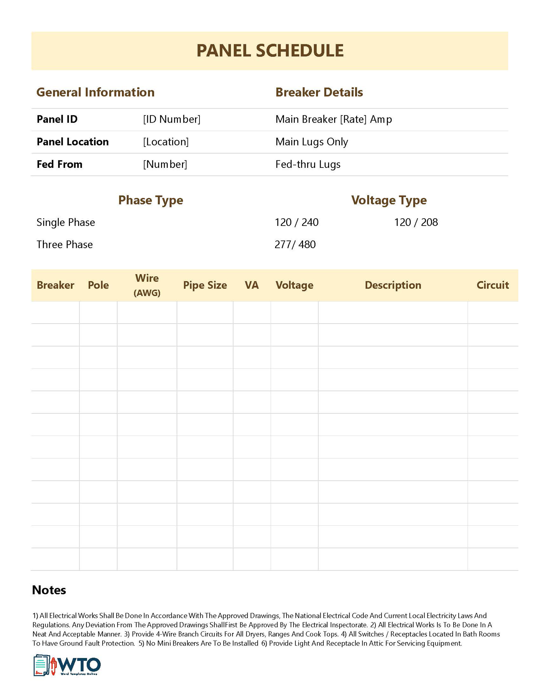 Editable Panel Schedule (Square D) Template 03 in Word