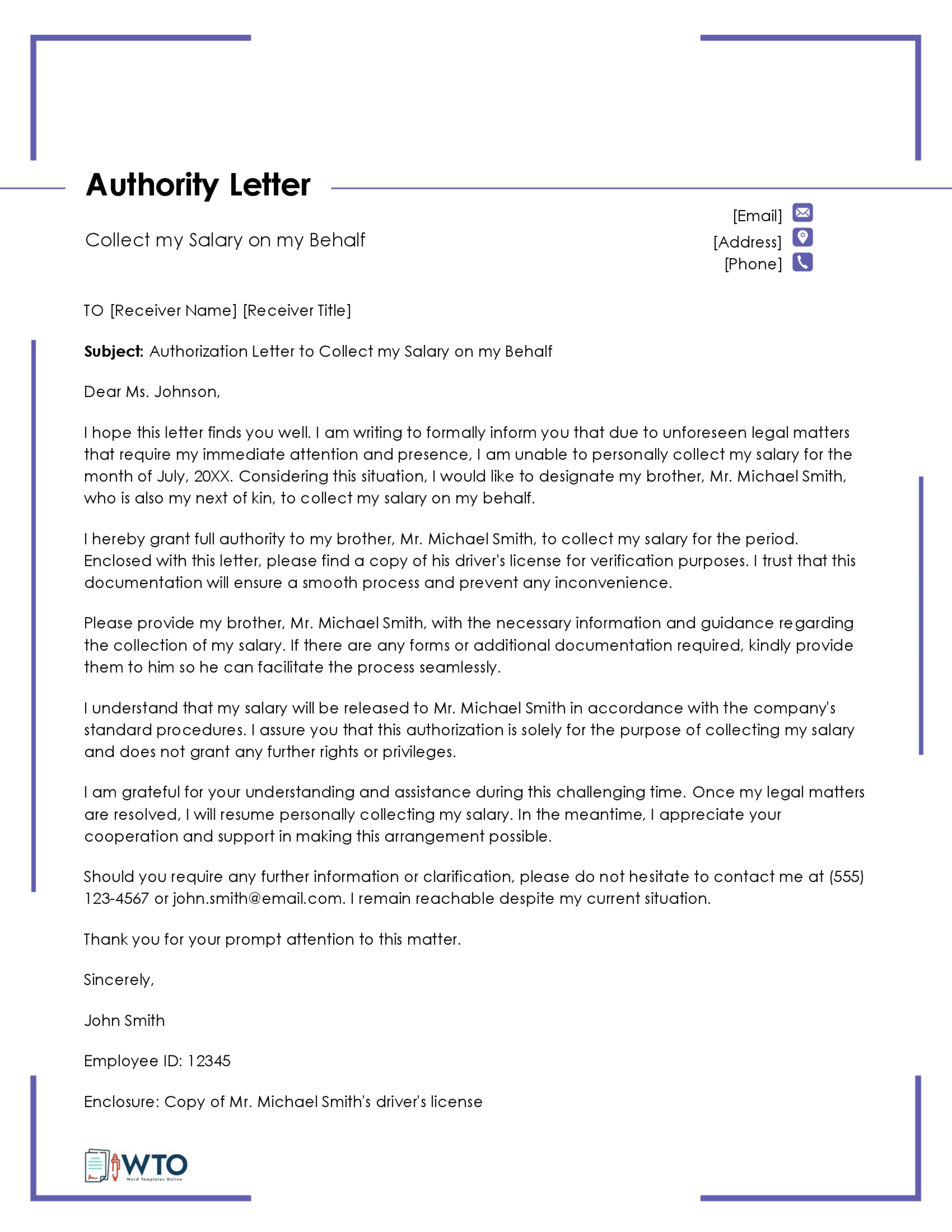Sample Authorization Letter to Collect Salary-Downloadable word format