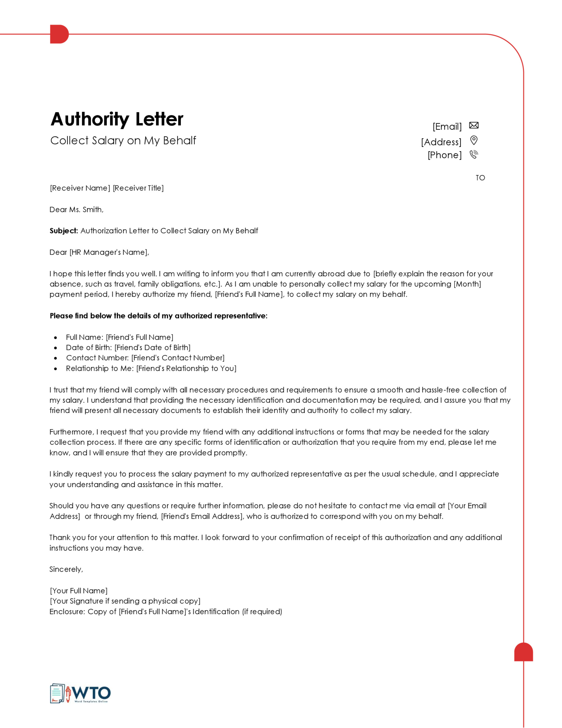 Authorization Letter to Collect Salary Template-Ms word Format