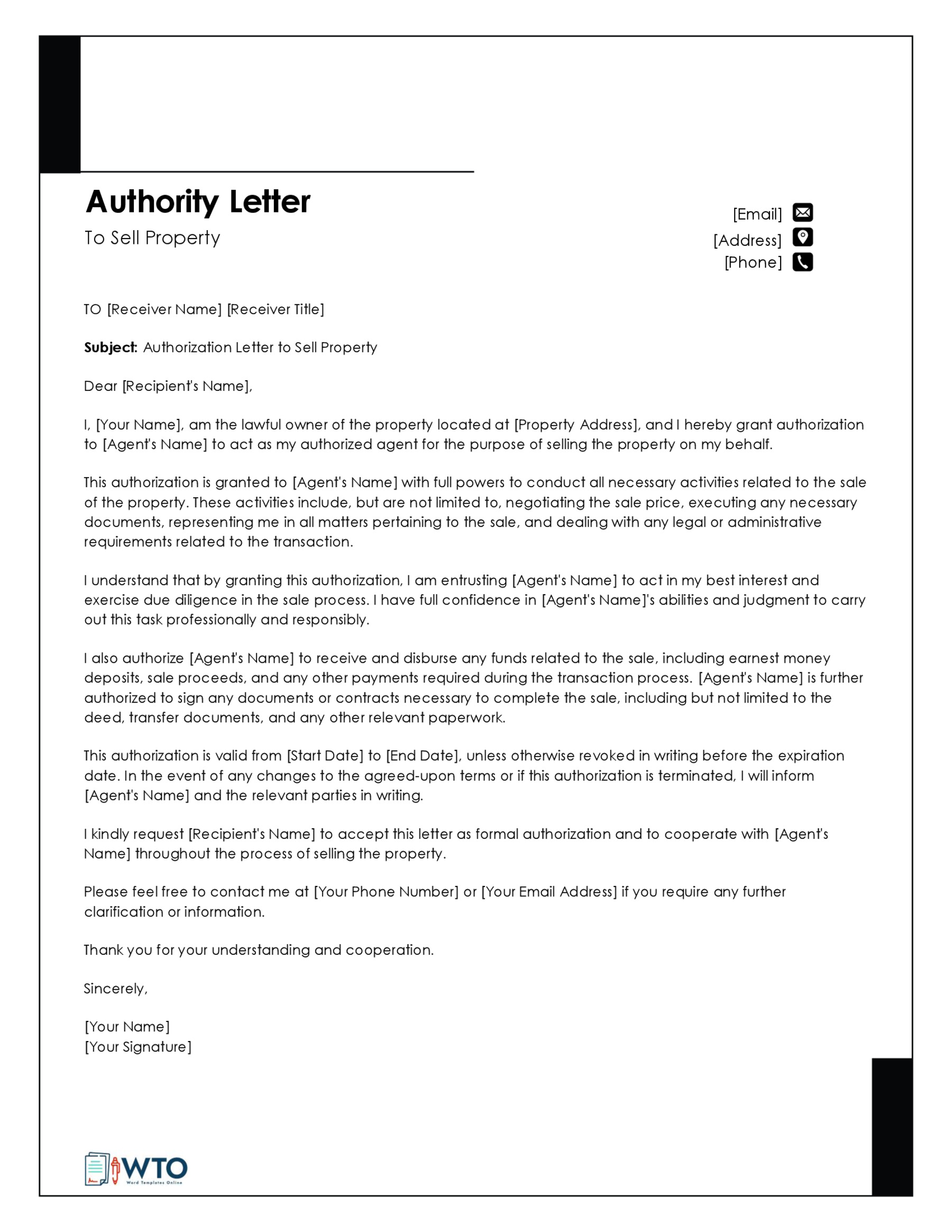 Authorization Letter to Sell Property-Word Template for Free