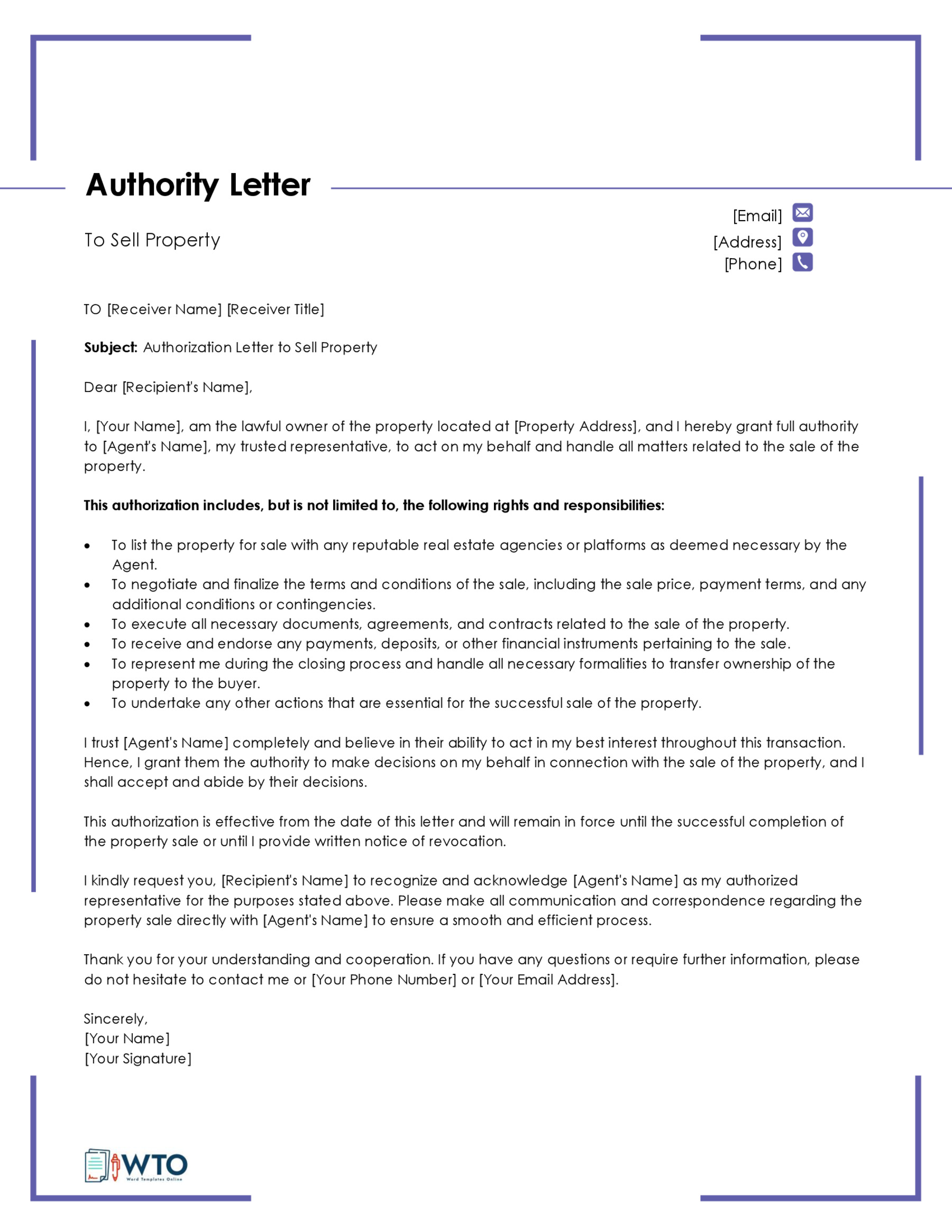 Authorization Letter to Sell Property Template-Word Free Download