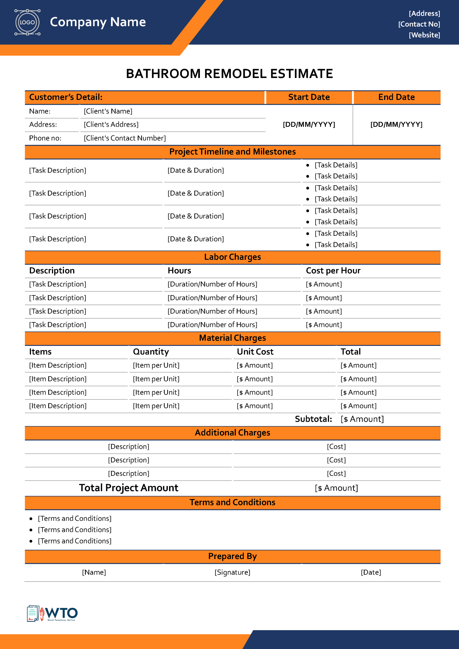 Free Bathroom Remodel Estimate Template 01 for Word