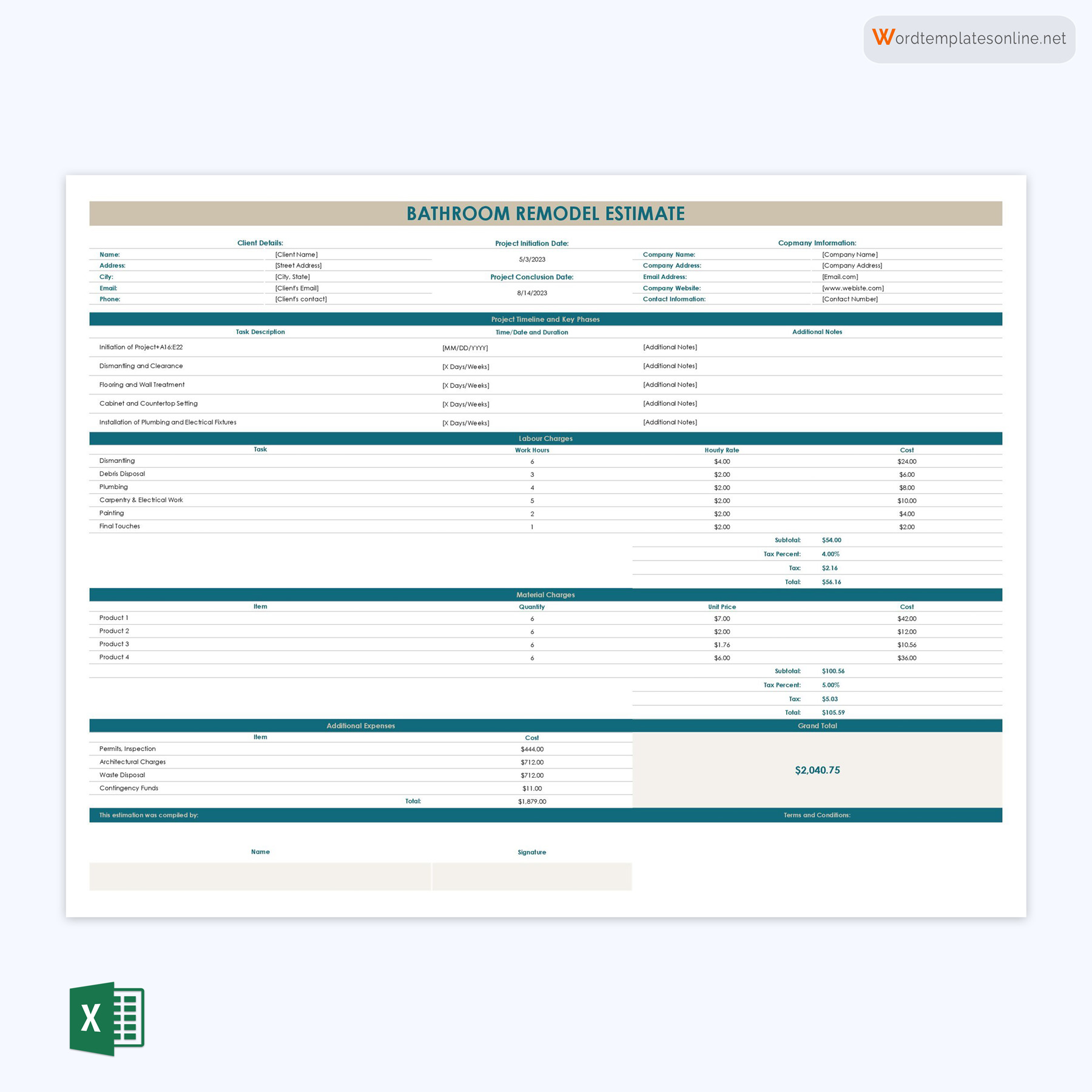 Editable Bathroom Remodel Estimate Template 02 for Excel